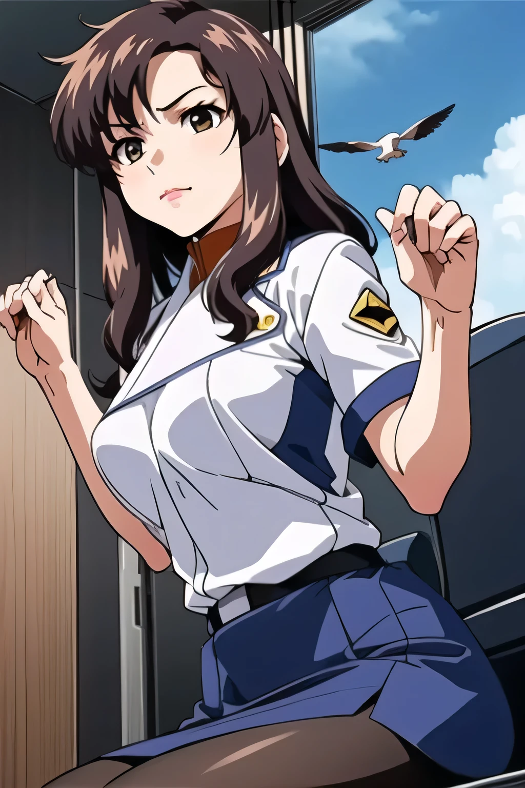 A small bird rests on the shoulder 、Play with birds and relax, (((office lady uniform))),(draw your facial expressions more delicately),(white blouse),(black micro mini skirt)(blue panties),I'll do this myself、 great,I need it for work、don't frown,accurately draw 5 fingers,black stockings with the sky in the background, Inside the company , big black wavy hair, , Big Breasts, thin waist , , ,I'll do it myself, use exactly 5 fingers
