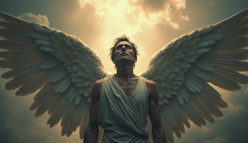 A hyper-realistic, professional photo of Lucifer, the most beautiful of angels, in the moment of his fall from grace. His face shows a blend of anguish and defiance, with his celestial features highlighted by the golden light of the heavens above. His eyes, a deep and piercing blue, reflect both sorrow and a spark of rebellion. His wings, immense and luminous, begin to lose their radiant feathers as they transition to dark, tattered remnants, symbolizing his descent. The background is a dramatic contrast between the radiant heavens and the ominous, shadowy landscape of Earth below. Dust and wind swirl around him, with tiny particles reflecting the fading celestial light. The lighting captures the tension between light and shadow, with deep shadows cast on one side of his face, and the other illuminated by a dying golden glow. In the foreground, a few feathers slowly fall, catching the last light of the setting sun, while the ground beneath is cracked and barren, symbolizing his impending exile. Shot with a cinematic 50mm lens at f/1.8 to create a soft depth of field, enhancing the micro-details of his skin, like subtle imperfections and a faint glow from his aura dissipating into the cold earthly air.