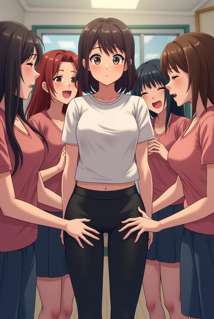 ((best quality, masterpiece:1.3, 8K)), (detailed), highly detailed face and skin texture, detailed eyes, full body, (slender body:1.1), (a group of 3 girls:1.5), 25 years old, white skin, bright lips, worried, embarrassed, panicking, long hair, (forehead:1.0), large breast, (jeans pants:1.2, blue jeans:1.2), (wetting themself:2.0), desperation:1.2,