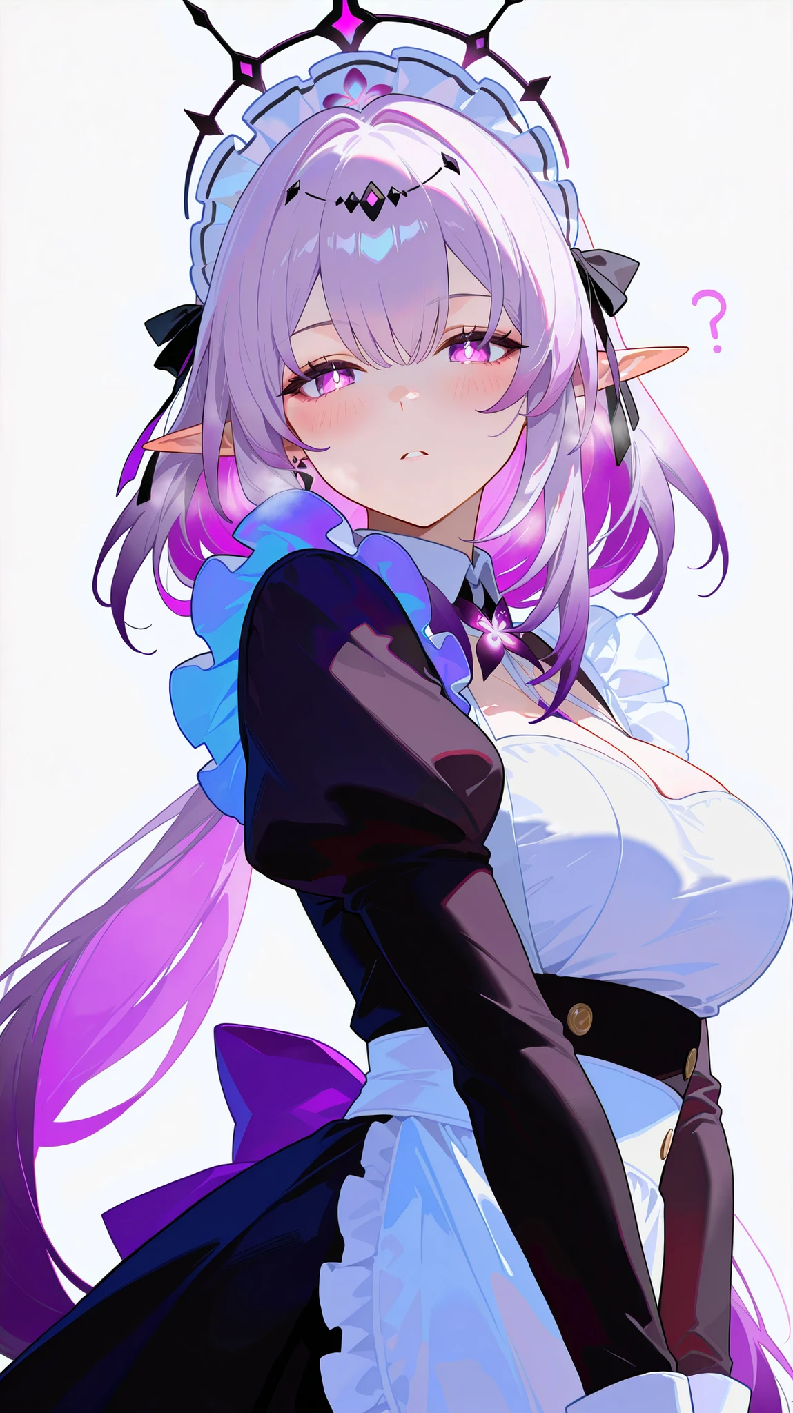 masterpiece, top quality, best quality, official art, beautiful and aesthetic:1.2),(8k, best quality, masterpiece:1.2), (((masterpiece))),(((best quality))),(((extremely detailed))), illustration, who, (masterpiece, top quality, best quality, official art, beautiful and aesthetic:1.2),(8k, best quality, masterpiece:1.2), castorice_(honkai:_star_rail), 1girl, maid, solo, long hair, maid headdress, breasts, alternative costume, medium breasts, apron, long sleeves, looking at viewer, maid apron, blush, enmaided, dress, simple background, upper body, very long hair, white background, white apron, black dress