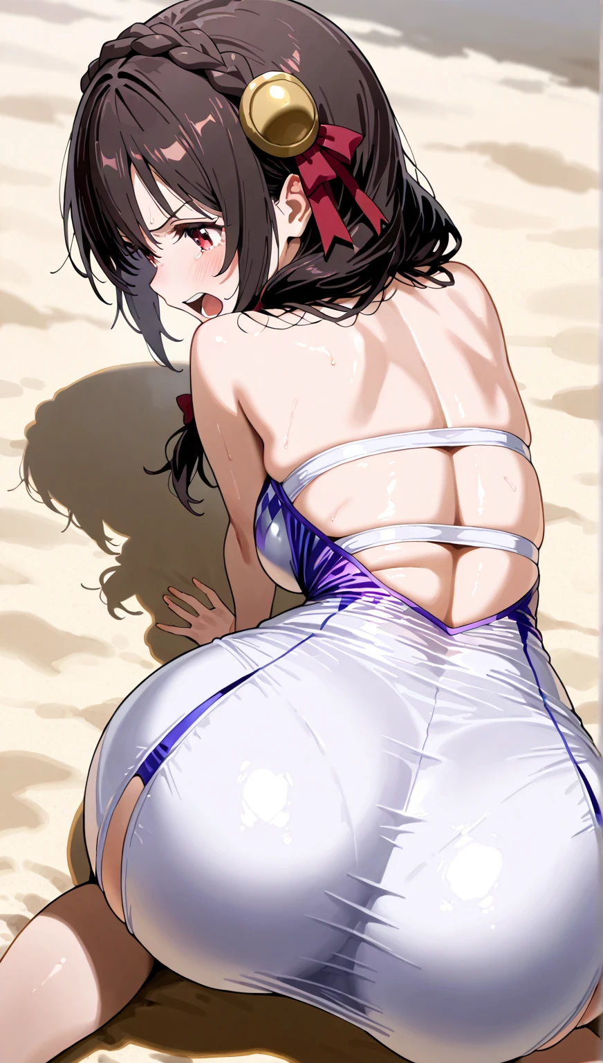 (masutepiece, Best Quality, High resolution:1.3), solo, alone, (milf), (cowboy shot), Description Girls, detail hands, Detail fingers, Detail Face, cute face, detail legs, overdetailed art, Fine details, (large breasts, wide hips, sexy:1.2),  (black hair), hair bun, hair ornament, (micro_bikini),(purple bikini) ,(shorts dress),(purple eyes), , bare shoulders, jewelry, collarbone,  detached sleeves,  choker,  skimpy, twisted horns, (black horns:1.2),(Horns on the sides of the head),  (Tattoo:1.2), (crying mole),  (night ) ,(night sky),  (beach), (from behind, ass),(anime),(sweat:1.3) , kneeling