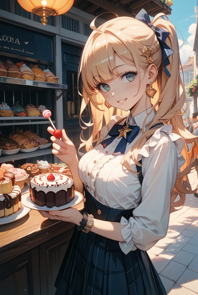(looking down on the audience:1.3),(from side:0.9), ((Face)), (Close-Up:0.4), ((looking at viewer, holding a cake)),highest quality、(real、photorealistic:1.4),(ultra high resolution, 8K RAW photo, clear focus), best qualtiy, natural lighting, field depth, (Bright pupils, detailed beautiful eyes, high detailed face), Red lip, (tight focus:1.2, from below), sexy posing, 1female, teacher, wearing a dark brown hoodie, bootyshorts, Thicc, big breast, silver hair, long hair, blue eyes, pretty girl, (highly detailed beautiful face and eyes,firm breasts),oily skin,((black,hair,long pony tail hair)),thin pubic hair,cute,lovely,24 years old,(alchemist costume:0.8), detailed eyes, the background is a pizzaria, smiling,(with sparkling eyes and a contagious smile), looking at viewer,
