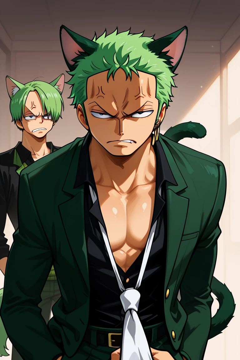 Um homem, cabelo verde, zoro, este homem esta sentado,, em um campo ensolarado, where cats everywhere, gatos em toda parte