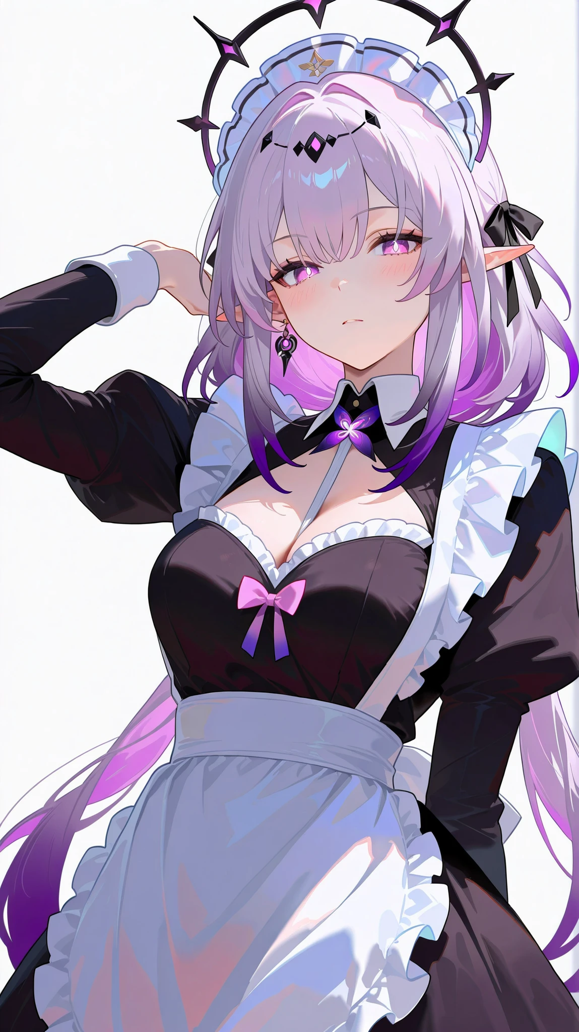 masterpiece, top quality, best quality, official art, beautiful and aesthetic:1.2),(8k, best quality, masterpiece:1.2), (((masterpiece))),(((best quality))),(((extremely detailed))), illustration, who, (masterpiece, top quality, best quality, official art, beautiful and aesthetic:1.2),(8k, best quality, masterpiece:1.2), castorice_(honkai:_star_rail), 1girl, maid, solo, long hair, maid headdress, breasts, alternative costume, medium breasts, apron, long sleeves, looking at viewer, maid apron, blush, enmaided, dress, simple background, upper body, very long hair, white background, white apron, black dress