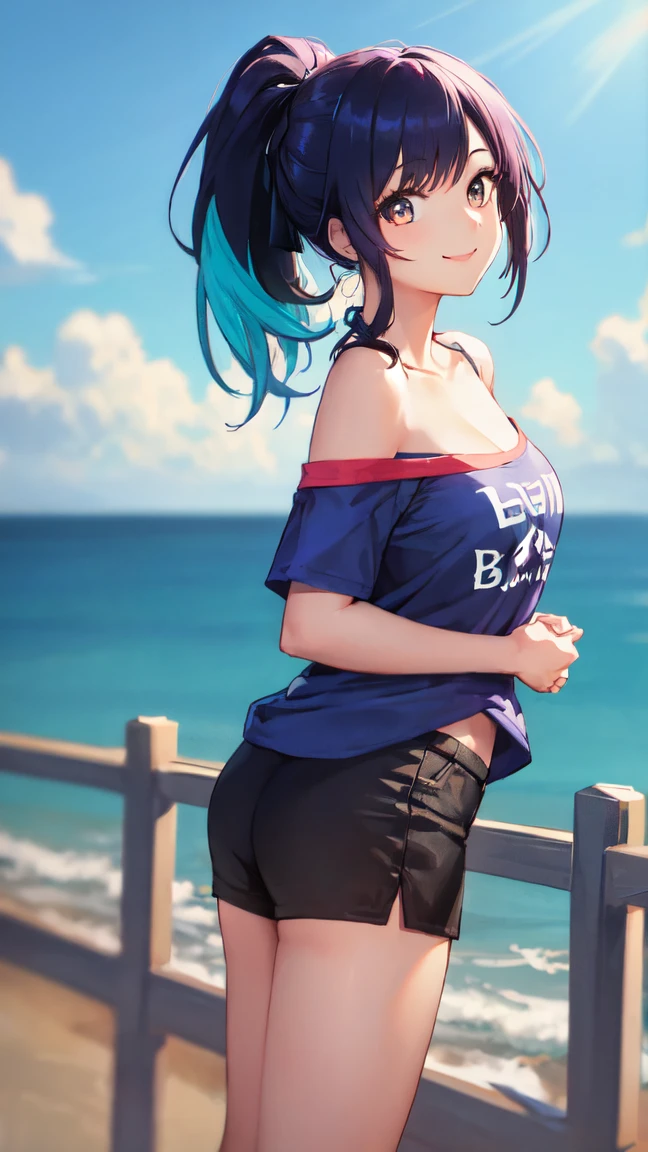 Tabletop,One Girl, highest quality,,( Calm tone:1.3),(Blue Hair、thin、Torn clothes:1.3)(Shapely breasts、Back and buttocks exposed:1.5)、(Lying down:1.8)(、Sandy beach with no one:1.5)(whole body:1.7)
