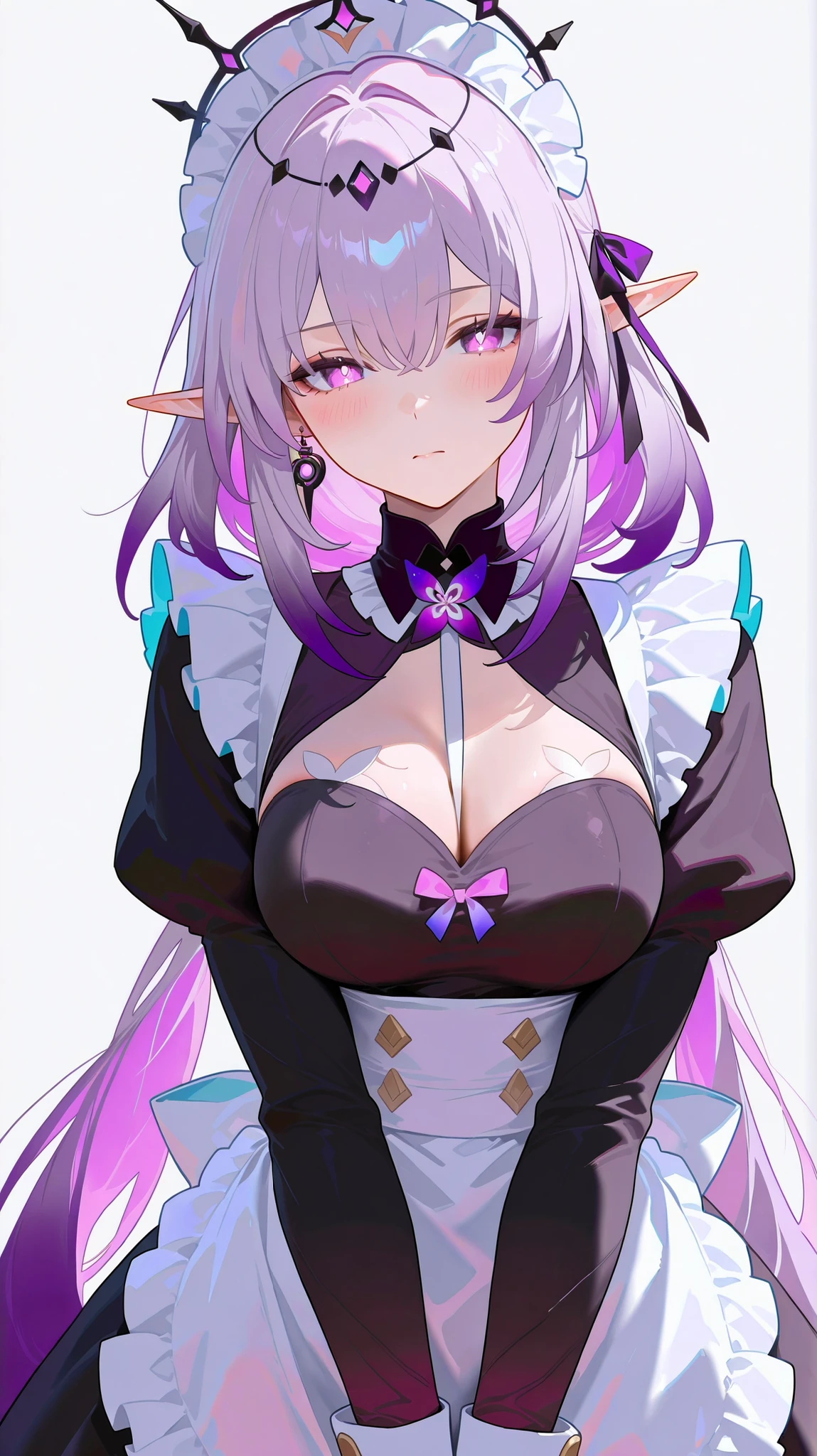masterpiece, top quality, best quality, official art, beautiful and aesthetic:1.2),(8k, best quality, masterpiece:1.2), (((masterpiece))),(((best quality))),(((extremely detailed))), illustration, who, (masterpiece, top quality, best quality, official art, beautiful and aesthetic:1.2),(8k, best quality, masterpiece:1.2), castorice_(honkai:_star_rail), 1girl, maid, solo, long hair, maid headdress, breasts, alternative costume, medium breasts, apron, long sleeves, looking at viewer, maid apron, blush, enmaided, dress, simple background, upper body, very long hair, white background, white apron, black dress