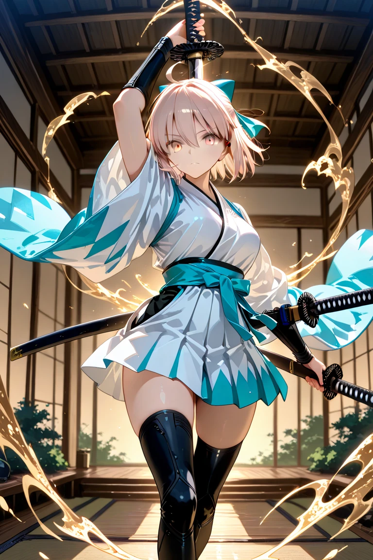 pink hair Japanese sword modern clothes