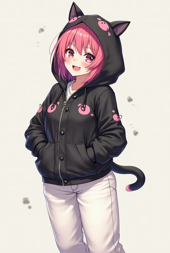 4k,High resolution,one woman,girl,pink hair,short hair,cat ears,cat tail,slanted eyes,blue eyes,,slender,small breasts,tits,first round,T-shirt,hoodie,hot pants,smile