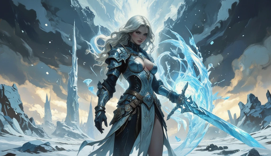 Ice rose field there a woman sticking an ice sword In soil ,Dramatic, accurate commands, ice background, ice elements particles and atmosphere, HD and rich colors, lots of effects on the background. Dance sword