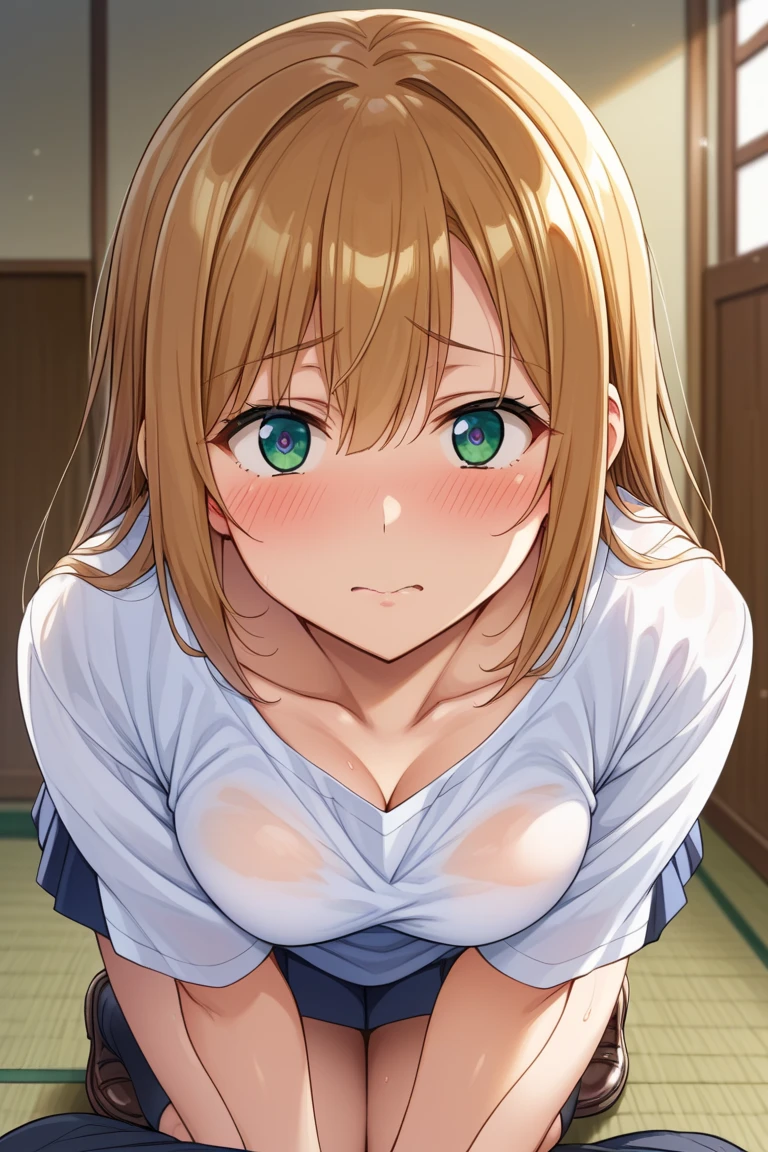 Realistic, One wall, Wide Angle,1girl in, beautiful hairl, Shy, embarrassed, blushed, Crying face、 Wide Angle, POV, From above, (Small udder、Beautiful nipples), llight rays, Glow, (masutepiece), face to the viewer、Hands tied behind your back、skirt by the