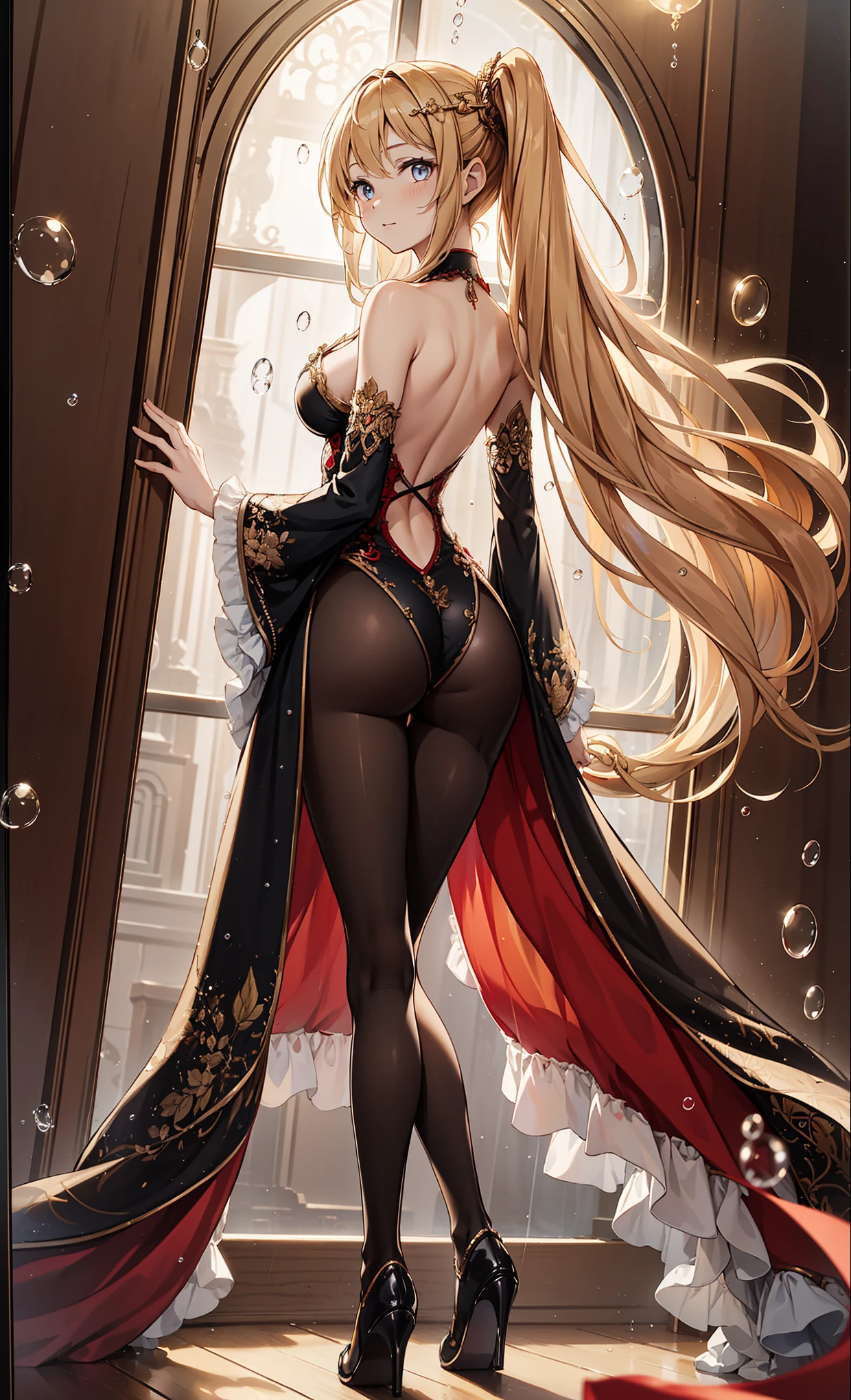 (( masterpiece)),(( High Quality Picture )),(( 8,000)),(( fantasy art )),( alone),1 girl,Crazy,淫荡Crazy, perfect face , Fantasy World,alone, 1 Girl, and turn your back, Looking back, Long Blonde Hair, double ponytail hairstyle, Head tilted back, expressionless face, Cold eyes, confident gesture, soft smile, Grand Island, curvy figure , black bunny girl costume, black transparent pantyhose, high heels, Fine embroidery, Gold Embellishments, Art Nouveau, foot flower decorative border, Zodiac symbol, Warm Light , soft red gold gradient background, Celestial Background, soft red gold gradient background, Elegant, Exquisite design , (super detailed:1.26), 2. 5D anime style, ( 8,000, masterpiece, best quality:1.28), (
whispering of raindrops through the glass!Through the hazy droplets,Capturing the blurred silhouettes of the outside world...)