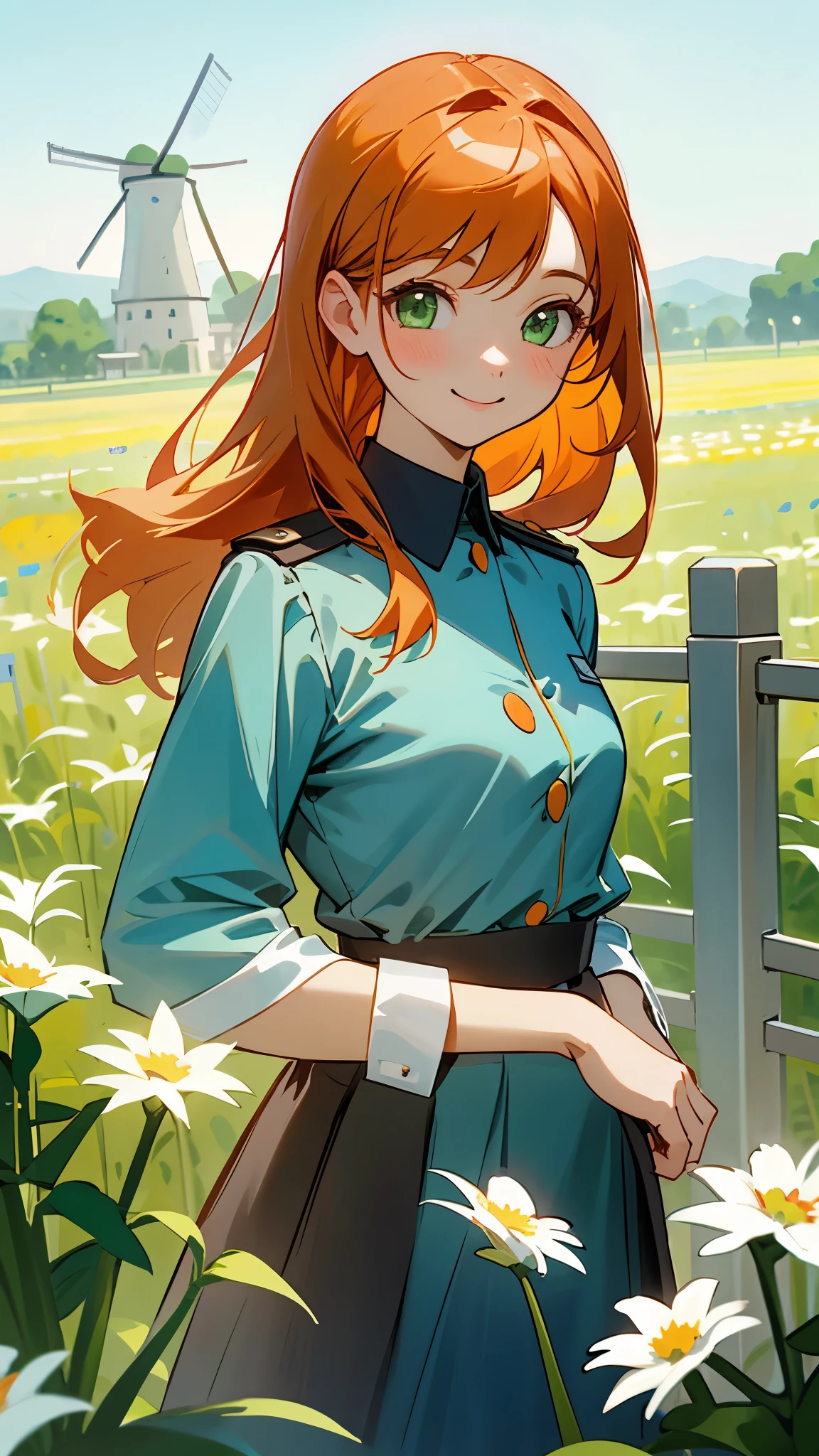 one girl、solo、orange hair、gathered hair、bangs、green eyes、 sightseeing bus guide uniform 、cabin attendant or rather bus guide uniform、Light blue uniform、cute smile、 small 、upper body close-up、 flower field with windmills visible in the distance 、A gorgeous gate like a garden palace