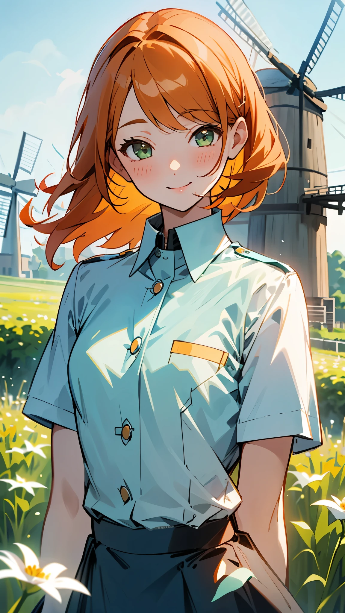 one girl、solo、orange hair、gathered hair、bangs、green eyes、cabin attendant uniform for styling hair by hand、Light blue uniform、cute smile、 small 、upper body close-up、 flower field with windmills visible in the distance