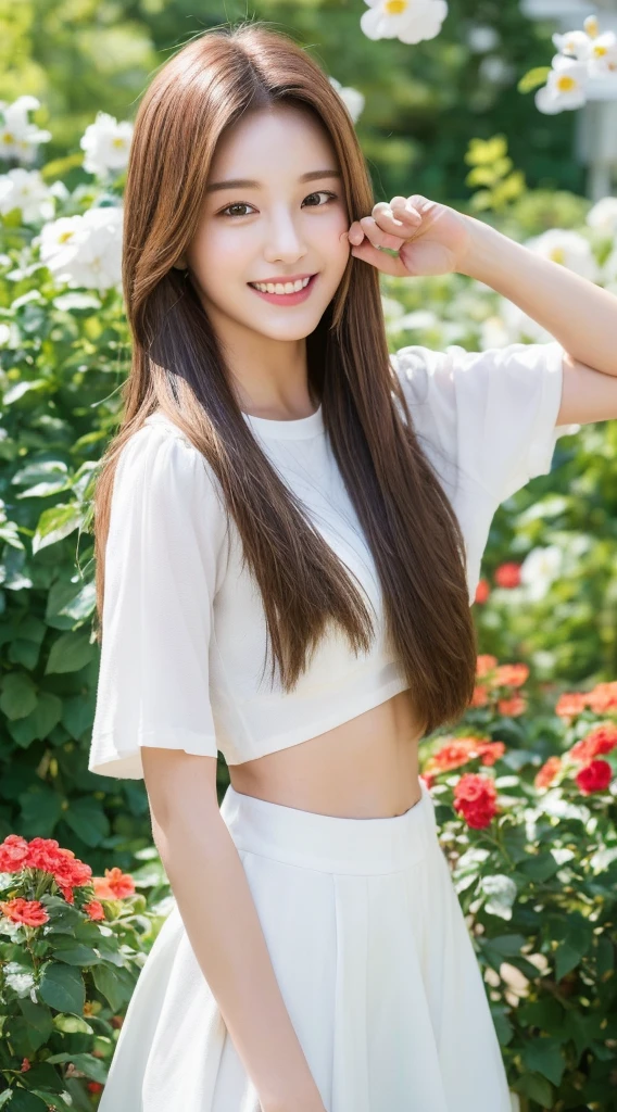 ((best qualtiy, 8K, tmasterpiece:1.3)),Focus:1.2, female high-school student,Drive a motorcycle,Perfect S-Shaped Body,(A look of determination)(adolable),delicated face,Long hair waist-length,long hair flowing,Tilt your head,ssmile,Hair details,Delicate Full Body Portrayal,Delicate depiction of the face,Best picture quality,A high resolution,细致背景,Delicate portrayal,exquisitedetails,Rich in detail,Facial strengthening,(Short crop top,short skirt),with blue sky and white clouds,Sitting Among the Flowers,wooden cabin,There are no bags under the eyes