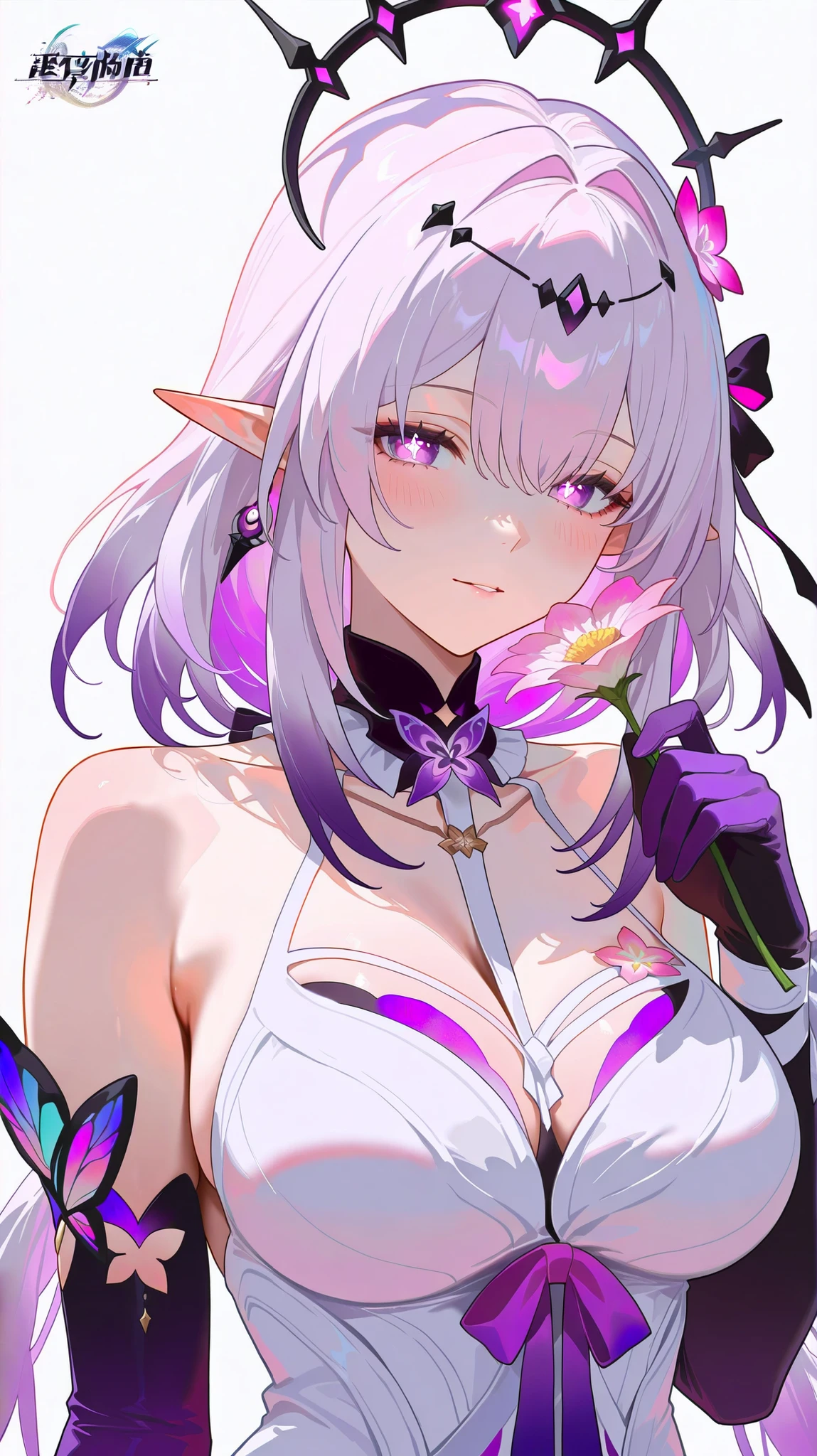 masterpiece, top quality, best quality, official art, beautiful and aesthetic:1.2),(8k, best quality, masterpiece:1.2), (((masterpiece))),(((best quality))),(((extremely detailed))), illustration, who, (masterpiece, top quality, best quality, official art, beautiful and aesthetic:1.2),(8k, best quality, masterpiece:1.2), castorice_(honkai:_star_rail), 1girl, solo, flower, pointy ears, gloves, breasts, holding, white background, simple background, looking at viewer, dress, purple eyes, bare shoulders, white dress, long hair, hair ornament, bug, upper body, holding flower, butterfly, hair flower, black gloves, ribbon, purple ribbon, purple flower, elbow gloves, large breasts, symbol-shaped pupils, pink flower, hair between eyes, purple gloves, multicolored hair, blush, hair ribbon, collarbone, pink hair, hair intakes, white hair