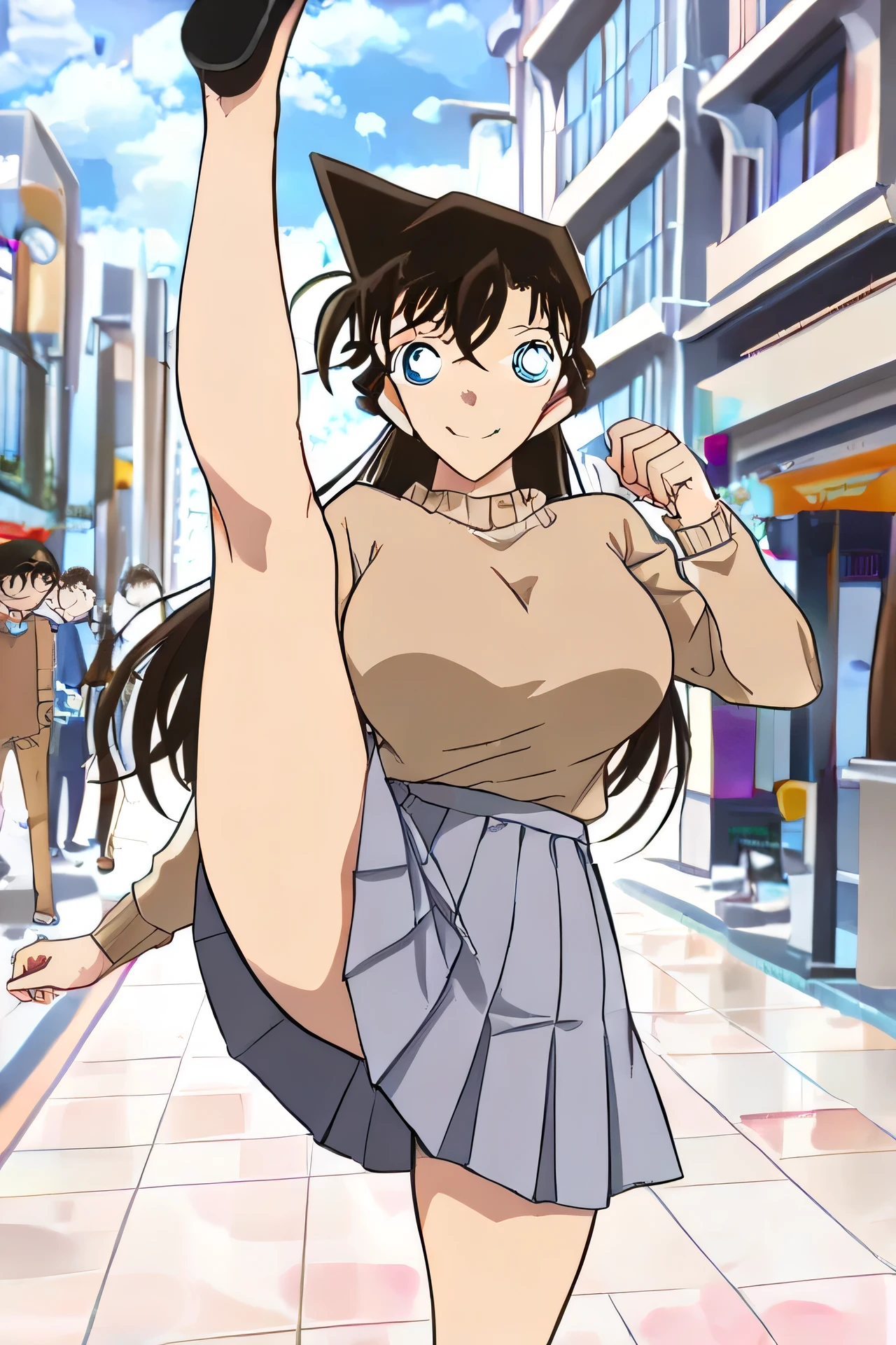 NSFW,,((high kick1.1)),(Legs are high above the head),(( I balance)),((cowboy shot1.5)), ((cowboy shot:1.47)),(( full body zoom )),closed mouth, Her hairstyle is longhair,(()),black hair color, (()),(( )),((large breasts)),curvy,inverted triangle face,Well-balanced limbs, gramer body, long limbs,1mature, ((outdoor:1.2)), action pose,Ran Mouri Detective Conan,((1mature:1.2 )), anime,Detective Conan, Ran Mouri 、(looking at from the front), Look at the camera,(1mature), Ran Mouri,smile, close mouth , 1mature, alone, , Casual brown sweater,Fine mesh detail on sweater, gray long pleated skirt,blue eyes, big eyes