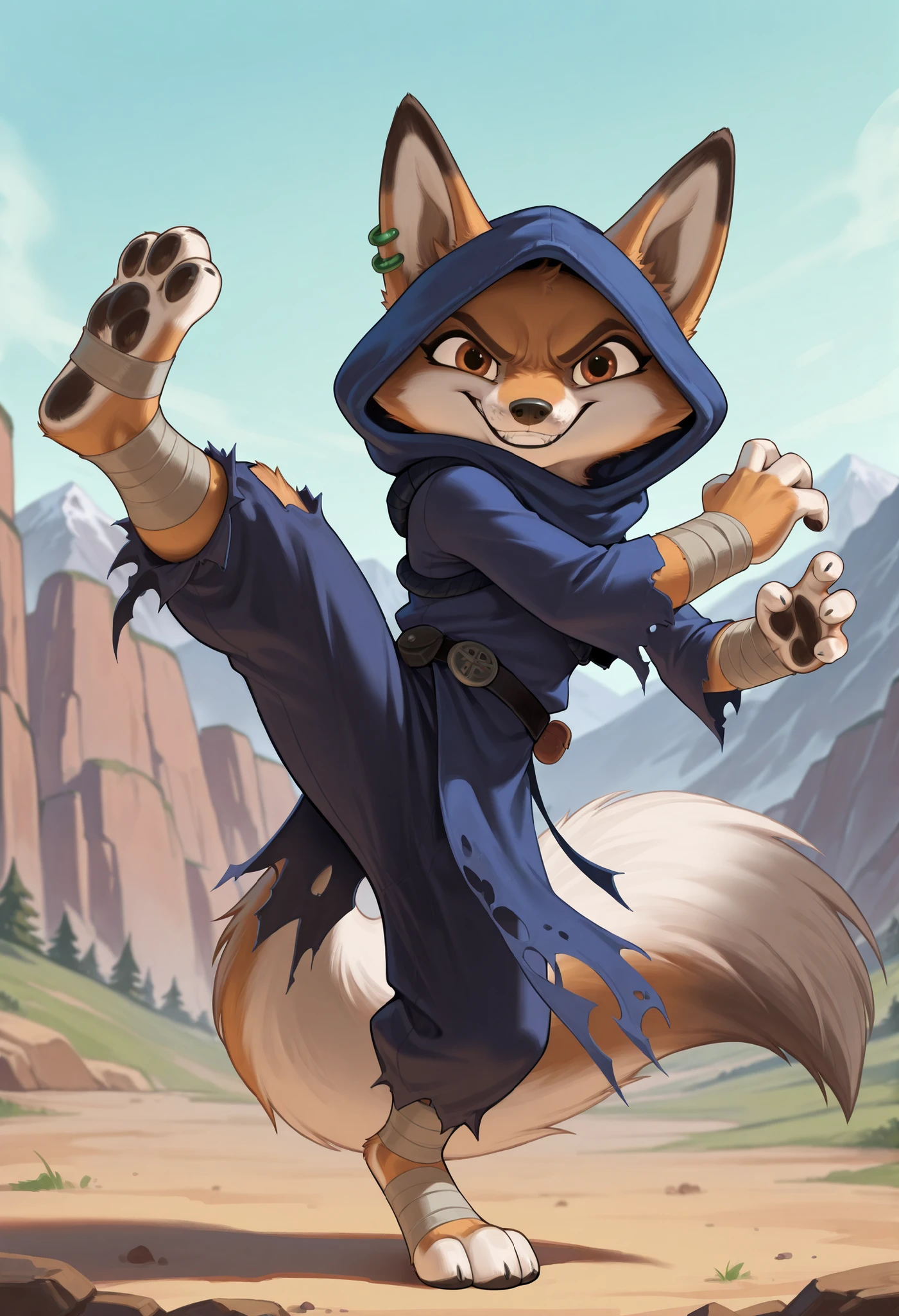 score_9, score_8_up, score_7_up, source_furry, best quality, amazing quality, detailed background, masterpiece, 1girl, looking at viewer, solo, ((hooded blue tunic, baggy trousers, gray bandages, torn clothes, black belt)), zhen, fox girl, fox ears,brown eyes, two tone body fur, gray body fur, white body fur, fox tail, jade earring, huge filesize, full body, feets with three toes, short body, navel, mountain on background, fight pose, kung fu fighter, angry, smile, Kick, one leg up,