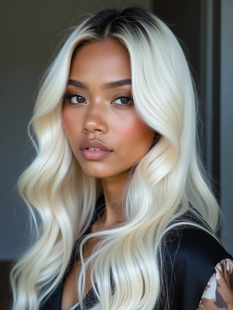 ((Best quality)), ((Hyper-Resolution)), ((Photorealistic:1.1)), (Complex details), African American woman, A half body, Very beautiful and elegant African American woman, 35yo，55 kg, Sexy, Off-white hair, Perfect hair, Fine strands of hair, detail in face, She shot against a white wall background