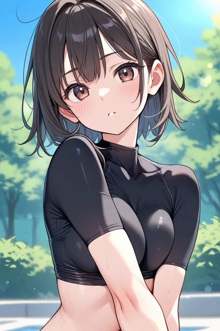 forest,smile,Are standing,close your eyes,1. small ,short hair,Black Hair,blush,Navy blue school swimsuit,White skin,summer,From below,shy,Sweat,Please open your mouth wide,Wet, Place your hands behind your back,