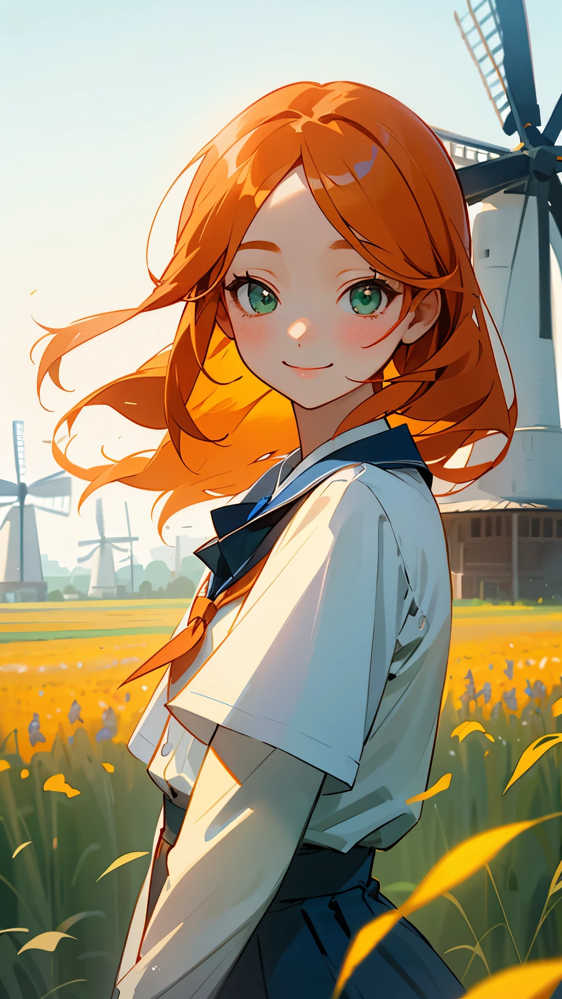 one girl、solo、orange hair、gathered hair、bangs、green eyes、cabin attendant uniform for styling hair by hand、Light blue uniform、cute smile、 small 、upper body close-up、 flower field with windmills visible in the distance
