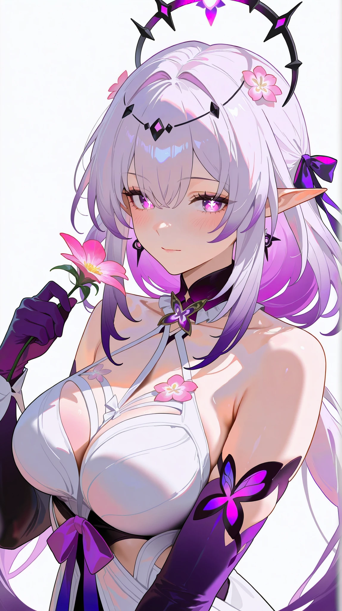 masterpiece, top quality, best quality, official art, beautiful and aesthetic:1.2),(8k, best quality, masterpiece:1.2), (((masterpiece))),(((best quality))),(((extremely detailed))), illustration, who, (masterpiece, top quality, best quality, official art, beautiful and aesthetic:1.2),(8k, best quality, masterpiece:1.2), castorice_(honkai:_star_rail), 1girl, solo, flower, pointy ears, gloves, breasts, holding, white background, simple background, looking at viewer, dress, purple eyes, bare shoulders, white dress, long hair, hair ornament, bug, upper body, holding flower, butterfly, hair flower, black gloves, ribbon, purple ribbon, purple flower, elbow gloves, large breasts, symbol-shaped pupils, pink flower, hair between eyes, purple gloves, multicolored hair, blush, hair ribbon, collarbone, pink hair, hair intakes, white hair
