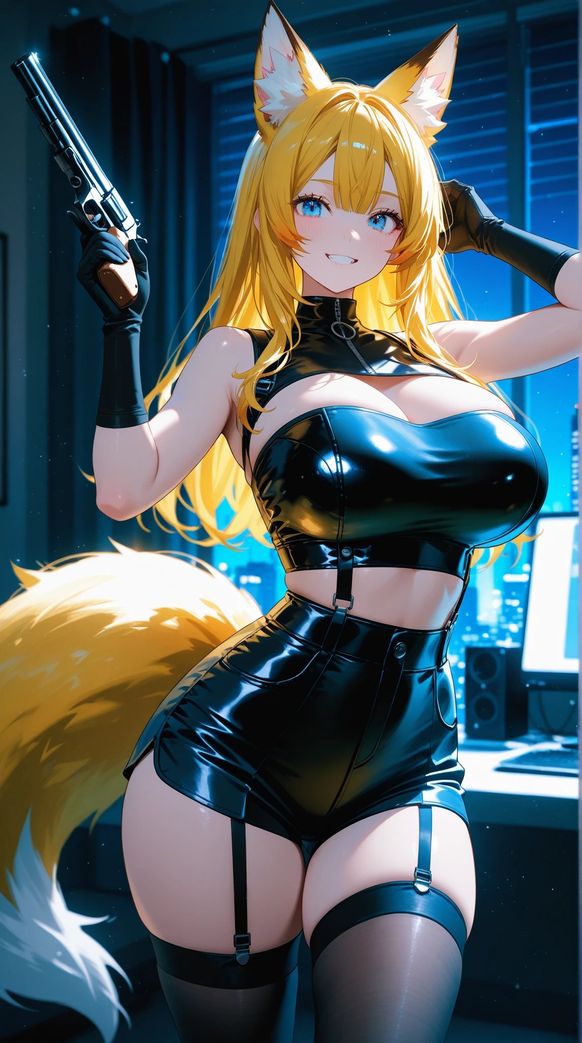 volumetric lighting, The best shadows, Portrait of an incredibly beautiful girl, , Delicate and attractive face with attractive green eyes, big chest, proportional breasts, blonde hair with a blue part in the middle, thin waist, standing, (Superior quality, incredible details : 1.25), (Alone:1.3), Bright colored paints, Anime character with fox tail, A beautiful fox lady, A beautiful kitsune woman, whole body, cyan blue jacket, long sleeve, black shirt, black skirt, absurd, extreme detail , blush, detailed eyes, (shading), (detailed lighting), (cinematic lighting), (Masterpiece, anything, unedited photo, high resolution, High details, Best Quality), High Definition, (high sharpness: 1.3)