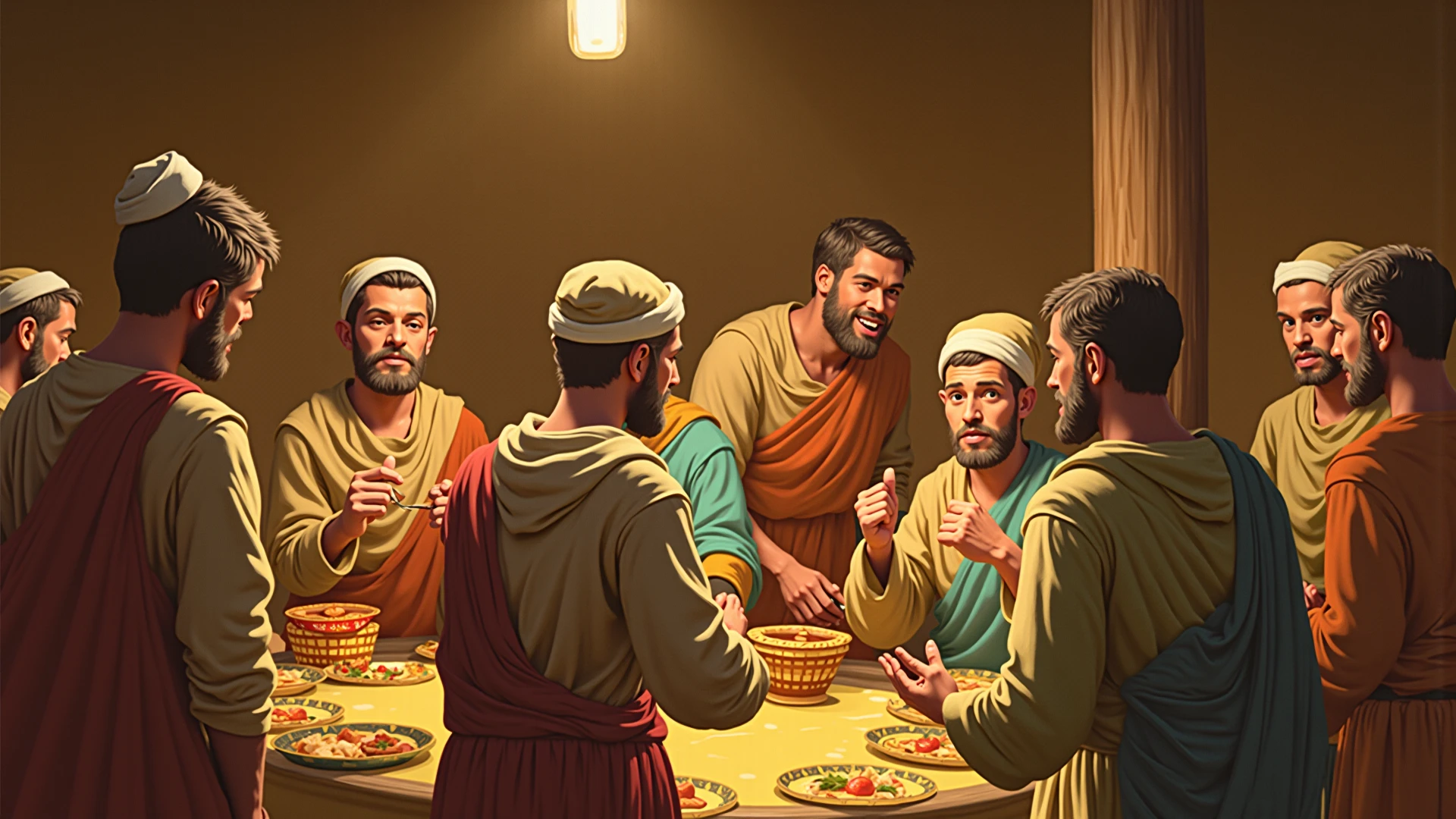 Generate a picture of the Apostle Paul rebuking the Apostle Peter in the city of Antioch in the first century. Paul is standing behind a table with various foods on it. Three other men are seated at the table. Peter is standing away from the table along with three other men in contemporary Jewish clothing. Paul has a stern face and Peter and his companions have expressions of shame. Paul and his companions are wearing contemporary Greek clothing.