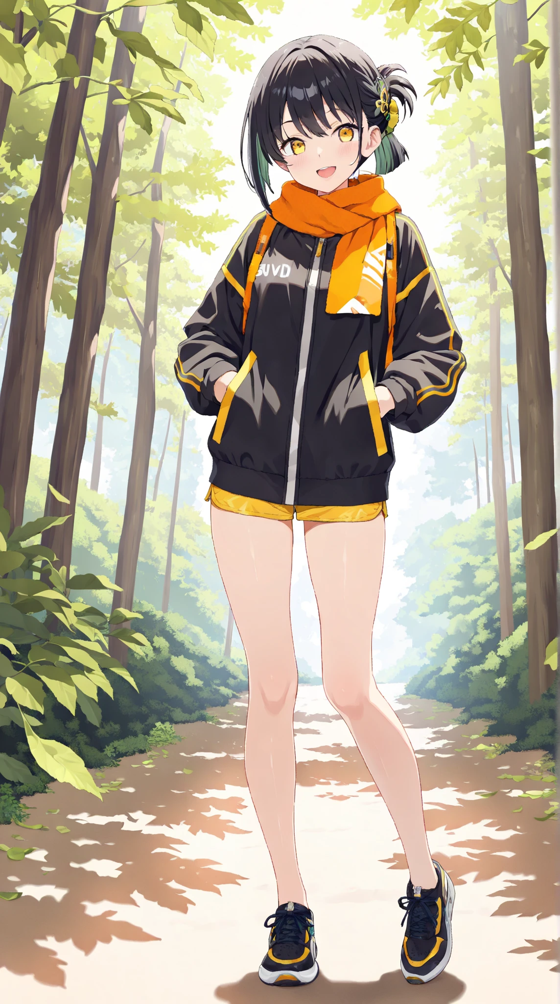 young baby face shy slanted eyes slightly open mouth red cheeks squishy bangs long flowing hair thin ahoge pale red hair yellow-green eyes white pupils slightly white skin Innerwear shorts baggy hoodie leather shoes shoulder bag cute gesture
