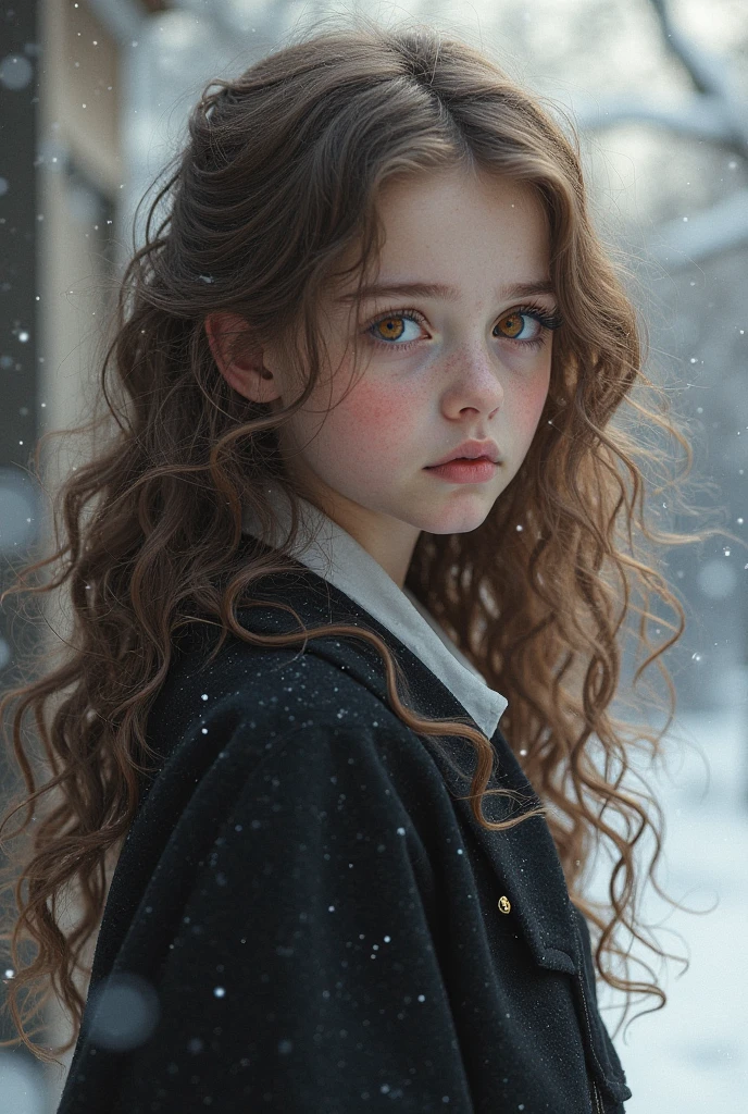 1girl, Beautiful Ukraine brunette 10-year-old girl, long shiny hair, white skin, Grey eyes in snowy wonderland