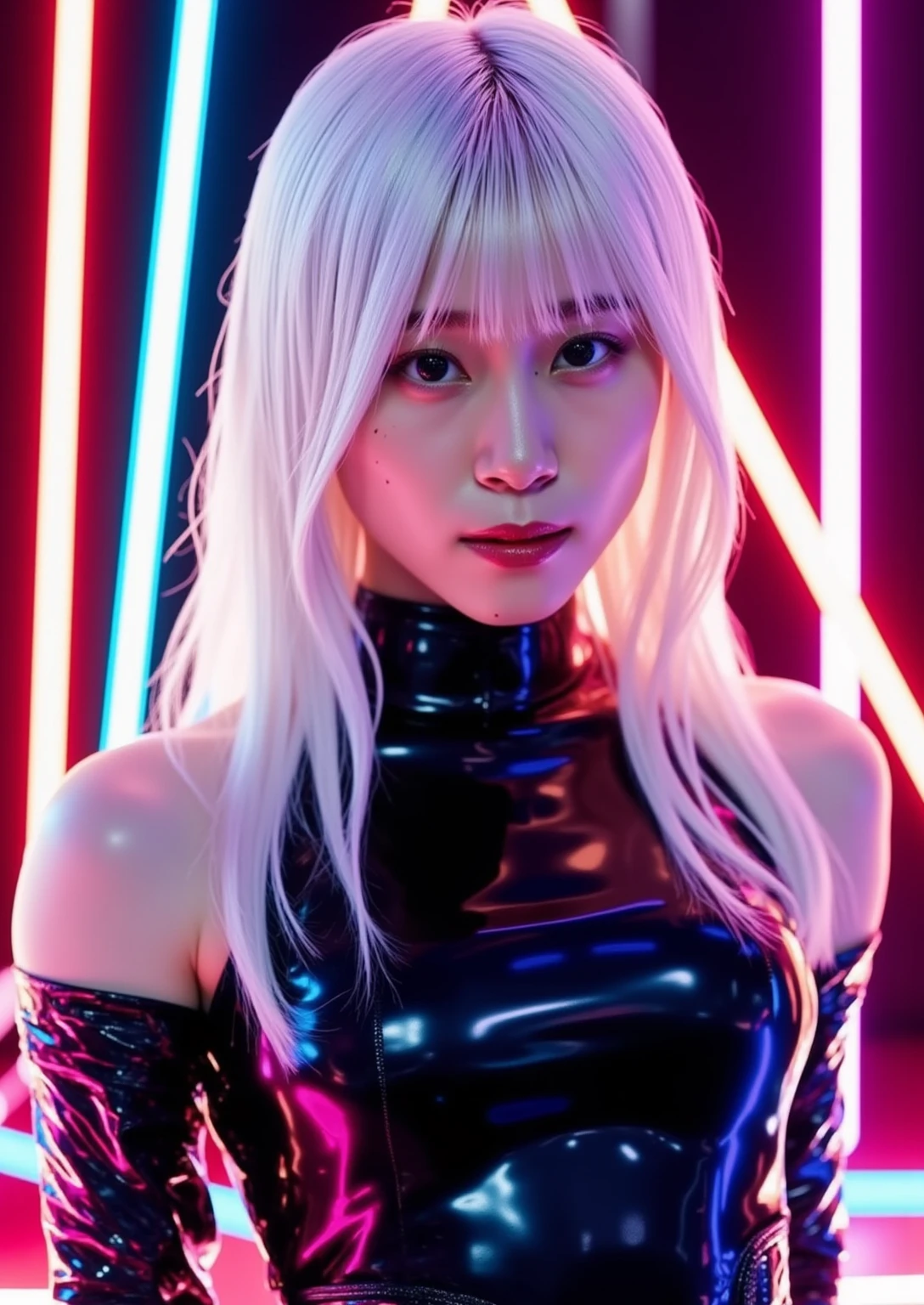 ((Japanese sexy idol))　　(Blonde short hair with bangs)　((Smokey makeup dark makeup with black eyeshadow))　plump cheeks　((Bright red rouge plump lips))　big breasts　Big eyes　cyberpunk pool　((Super shiny silver metallic swimsuit))　fat body　 masterpiece　8K　Drawn from below　((A mature woman with a body that shines with lotion and sweat))　((Glowing, radiant face and skin))　((Glittering armpits))　　Shiny face　Dirty makeup　Plump