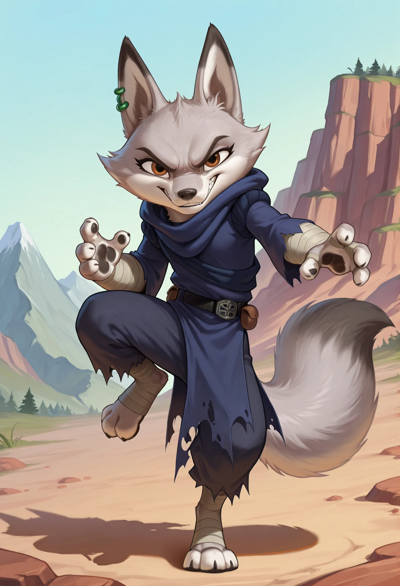 score_9, score_8_up, score_7_up, source_furry, best quality, amazing quality, detailed background, masterpiece, 1girl, looking at viewer, solo, ((hooded blue tunic, baggy trousers, gray bandages, torn clothes, black belt)), zhen, fox girl, fox ears,brown eyes, two tone body fur, gray body fur, white body fur, fox tail, jade earring, huge filesize, full body, feets with three toes, short body, navel, mountain on background, fight pose, kung fu fighter, angry, smile, Kick, one leg up,