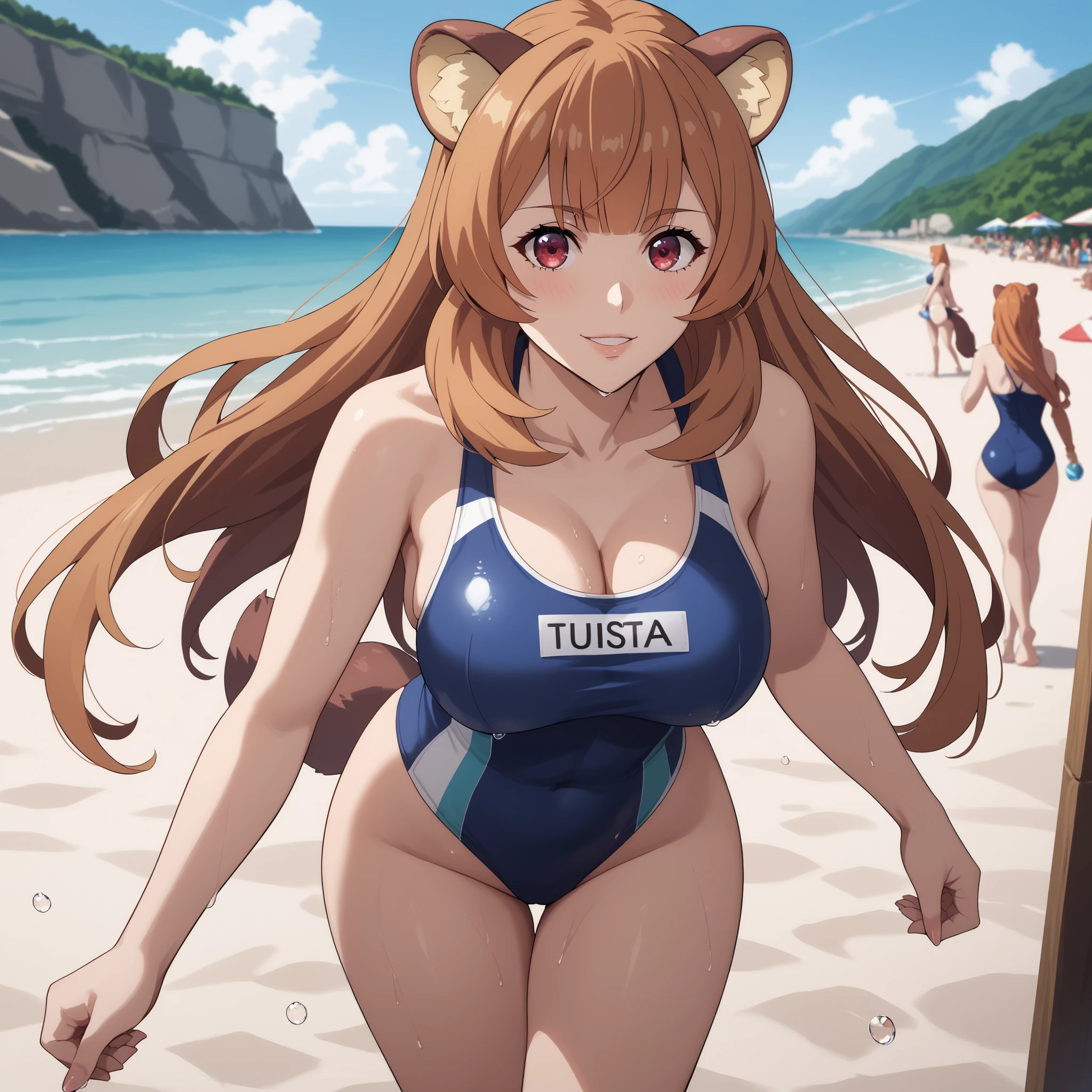 Raphtalia, 20 years old, orange hair, ruby red eyes, rounded animal ears, sonrisa avergonzada. cara roja. Curvy and slender figure, large and well-formed breasts. She wears a red one-piece lifeguard swimsuit. Her skin shines with water droplets, giving it a realistic and wet effect. leaning forward in the background of a crowded tourist beach, with white sand and a crystal-clear blue sea in the background. Warm and soft lighting that highlights the reflections in her skin and hair. Anime style, ultra-detailed high-quality art, 4K, soft shadows and vibrant lighting effects. (Large breasts) standing walking in front of the viewer. Perfect skin without scars. Focus on the breasts. In the background a sign with the letters Baywatch.