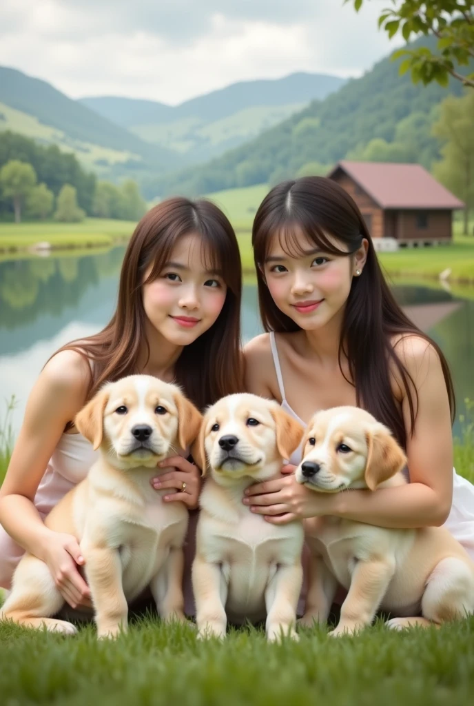 A cute couple of twin children playing with a little white Pomeranian puppy in the field full of roses