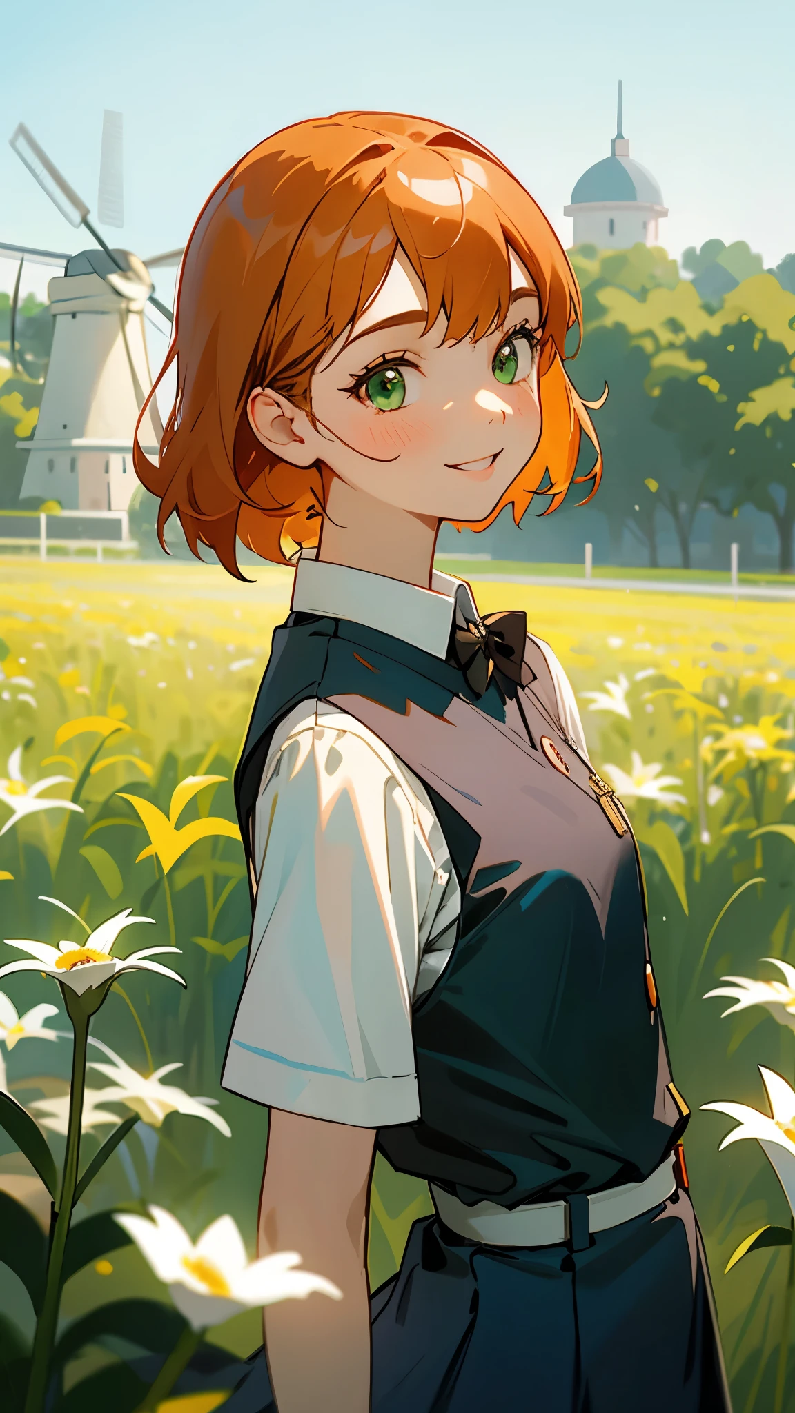 one girl、solo、orange hair、gathered hair、bangs、green eyes、 sightseeing bus guide uniform 、cabin attendant or rather bus guide uniform、Light blue uniform、grins、from the side、 small 、upper body close-up、 flower field with windmills visible in the distance 、Garden Palace