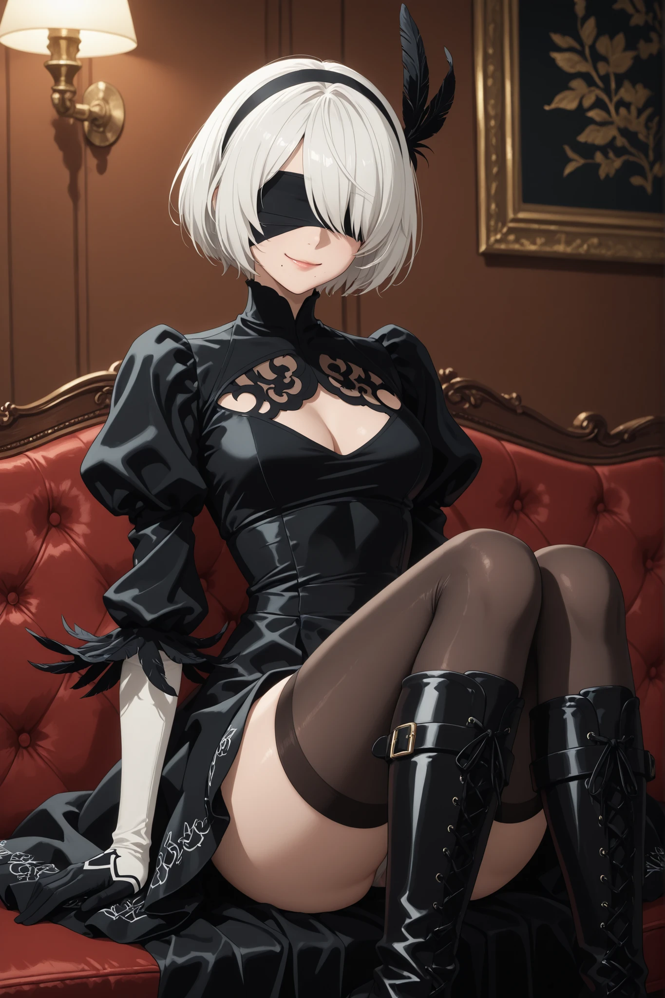1 girl, 2B, white hair, short hair, hair over one eye, mole under mouth, headband, black blindfold, dress, black dress, cutout neckline, cutout, long puff sleeves, sleeves with feather detail, elbow length gloves, gloves, thigh high socks, black knee high boots, in living room, sitting on couch, legs wide open, smiling, sensual, attractive, sexy, carefree, looking at viewer