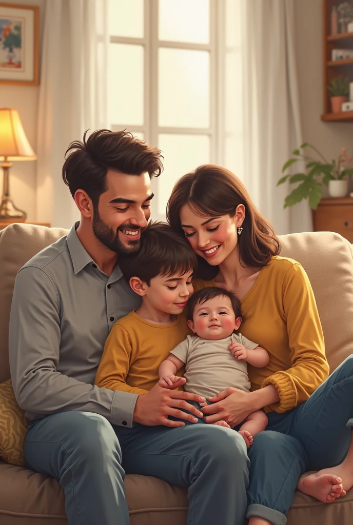 baby's 1 month party: the mother, with medium brown wavy hair, holds the baby next to her husband at her birthday party 