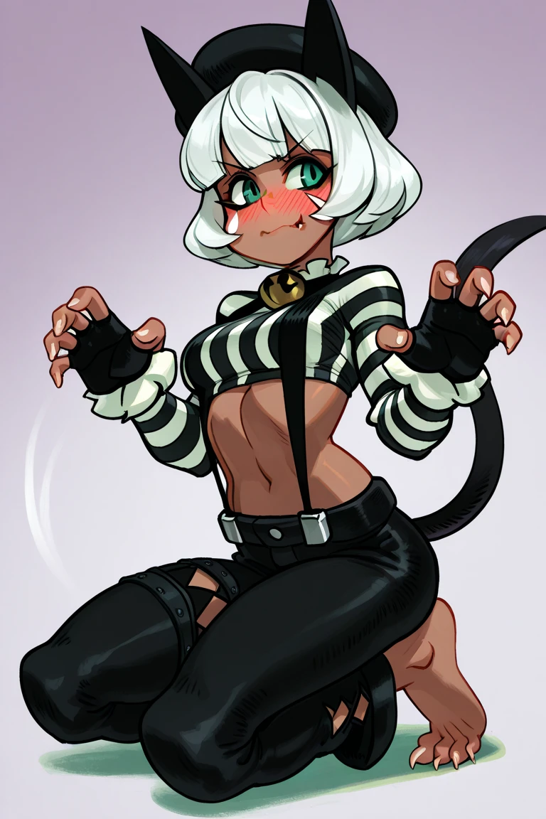 score_5_up, 1girl, animal ears, bangs, bare shoulders, blunt bangs, bob cut, breasts, broken, broken chain, cat ears, cat girl, cat tail, chain, chained, chained wrists, closed mouth, collar, cowboy shot, crop top, cuffs, from side, grey background, hand up, looking at viewer, medium breasts, metal collar, shackles, short hair, shorts, simple background, slit pupils, smile, solo, torn clothes, white background