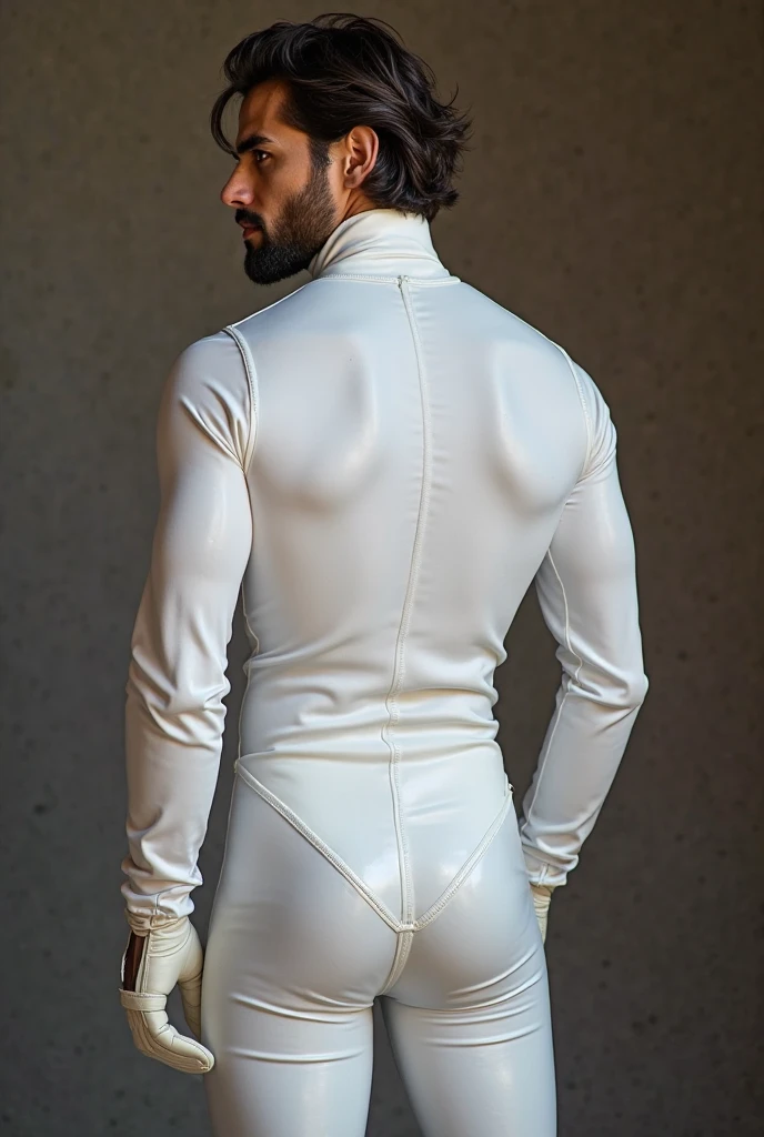 Futuristic rubber high waisted white leotard, skin tight, hair visible, hands visible, gloves, boots, toned male, young man, shiny leotard, hands covered, handsome boy, big bulge , thick thighs , thick hips , handsome Korean man , K-pop idol, (bare thighs), exposed thighs , sexy , NSFW , eroticism , epic reality , epic photorealistic , bottomless , detail face, side belly , ( extreme tight high waisted white leotard), (extremely small size leotard squeeze out the side belly) , thick fat booty. Fat buttocks , 16k resolution , ultra-high clarity , hyperrealism, uhd , only male , only boy