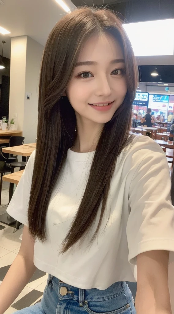 seed:2020674263.((Full body angle:1.1)).((highest quality, 8K, masterpiece:1.3)), ((from below:1.1)).concentrated:1.2, Perfect body beauty:1.4, Hips:1.2, ((Delicate Hair)), (Colorful button-through crop shirt :1.1) , ((highest quality、8K、masterpiece:1.3))、1 Girl、A sloppy smile、Esbian all over、Slim face、Big 、Beautiful woman、(Dark Brown Hair)、Long Hair、1.1、Flickering Valley、Detailed eyes、double eyelid、Blurred Background、超Slim face、Smile、Looking down、stroll、