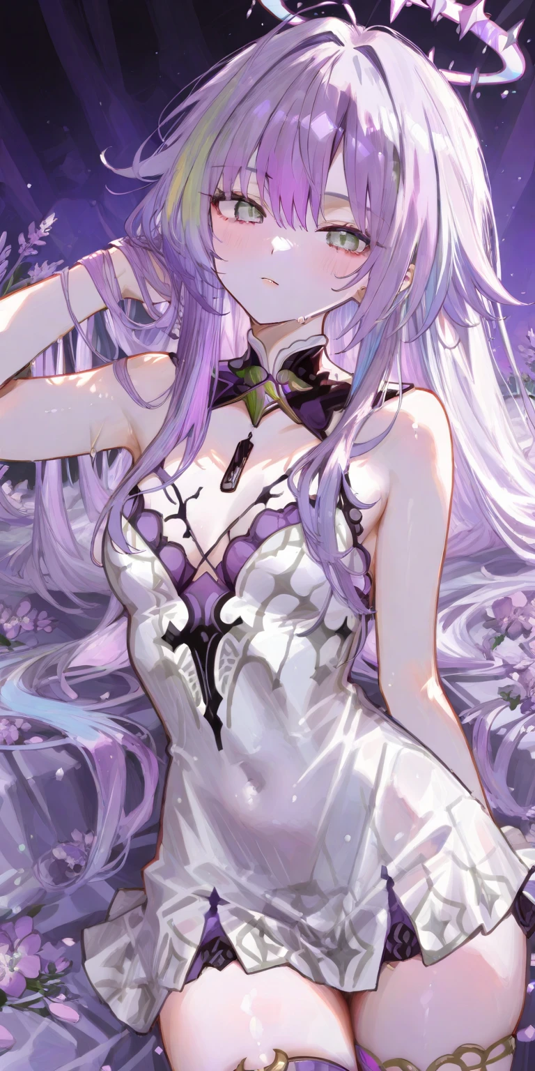 1girl, アニメ, cute girl, blank background, white background, fantasy, detailed fantasy dress with highlights, beautiful face, beautiful eyes, dark colors, black hair with multicolor streaks, red eye with different color pupil in eye, multicolor eye, medium breasts, slight cleavage, beautiful skin, cute, breast curtains, extremely delicate and beautiful, (beautiful detailed face:1.0), (detailed deep eyes), symmetrical breasts, deep eyes, shiny skin, portrait, slender waist, hips wider than shoulders, thighs, expressionless, young girl, luminous eyes, adorable,(Kpop idol),(aegyo sal:1),(Platinum blonde hair:1),((puffy eye)),Black panty,sexy posture,Superskirt, Ultra-high resolution,Black collar,slim figure, Abdominal y tattoo, womb tattoo,Tight-fitting leg ring,y tattoo on half-body,Bare skin, Armored hand,Hidden fingertips,Hand covered,Arm covered,Fist covered,{{beautiful detailed fingers}}, tufts of hair, moderate beautiful breast:1.0,(masterpiece:1.2), best quality, high-res, HDR, perfect face, intricate armor, delicate blue filigree, intricate filigree, red metalic parts, detailed part, dynamic pose, dynamic lights, cute face, neutral expression, shuimobysim, lotus, Hanfu, maxi skirt, dress conservatively 1girl, 独奏, long blue hair, standing, One lady,14years,((White hair) ,(Shiny purple bodysuit with microskirt),((Fantasy, Moon Night)), gradient_eyes,