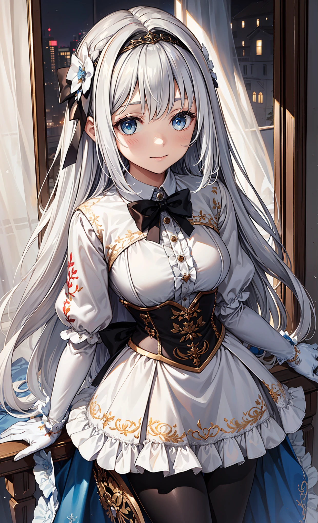 Girl age ,Attractions, Have Fun ,in love,(Girl wearing black high-waisted trousers and leggings with exquisite embroidery),( white ruffle bow gloves ),White hair,Blue Eyes,The upper body is a semi-transparent white shirt,Sacred headdress,transparent lace,Delicate Outfit, the only person,European bedroom,(night:1.1),pretty face,