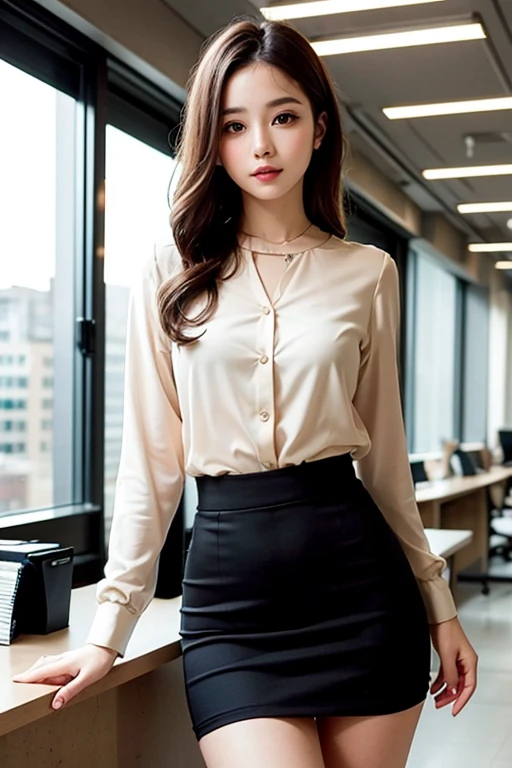 Very detailedな CG Unity 8k 壁紙, highest quality, Very detailed, Looking into the camera:1.2, The light shines on your face:1.5, Professional Lighting, 28 years old, woman, Japanese, In a fashionable café, Hairstyle: Long natural waves, hair color: Deep cocoa brown, Contour: 優雅で整ったContour, eyebrow: Thin and elegant, eye: big, dark brown eyes, nose: Tall and sharp, mouth: A bright and elegant smile, clothing: Silk blouse and tight high waist skirt, A thin leather belt is wrapped around the waist., On her feet are high-heeled leather boots., skin: transparent、Gives a healthy glow,Full Body Shot,

