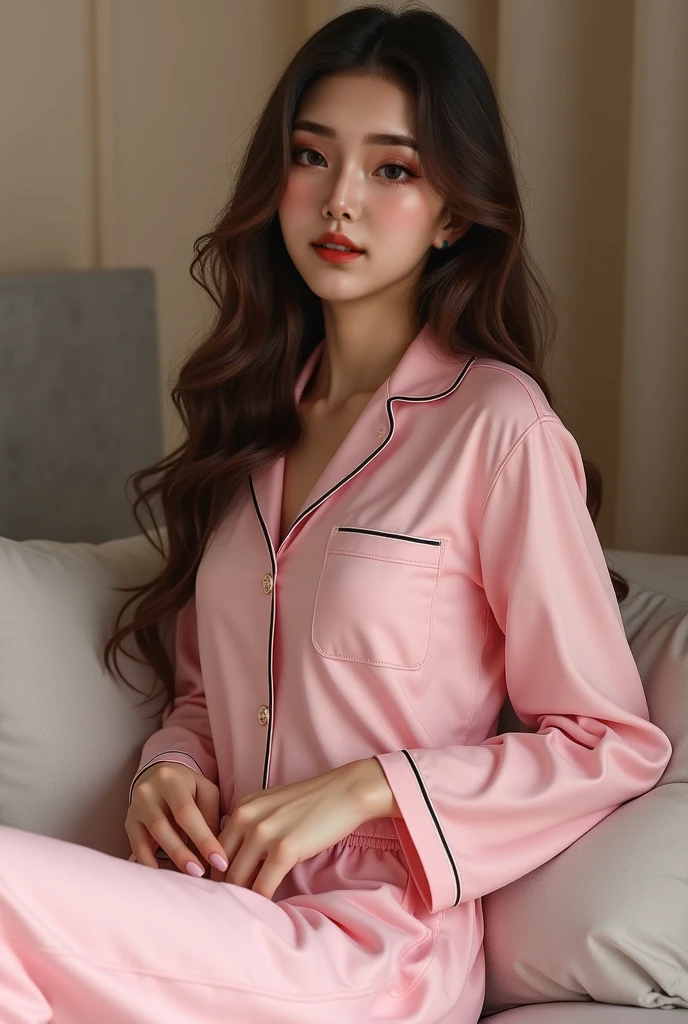 A woman sitting on a chair with a plant in a vase, cute and elegant pose, beautiful young Korean woman, Korean woman, gorgeous young Korean woman, Korean female fashion model, beautiful south Korean woman, lovely woman, Best Face, sitting in bedroom, Product introduction photo, milky skin, Korean woman, Take pictures in various poses, Wearing pajamas