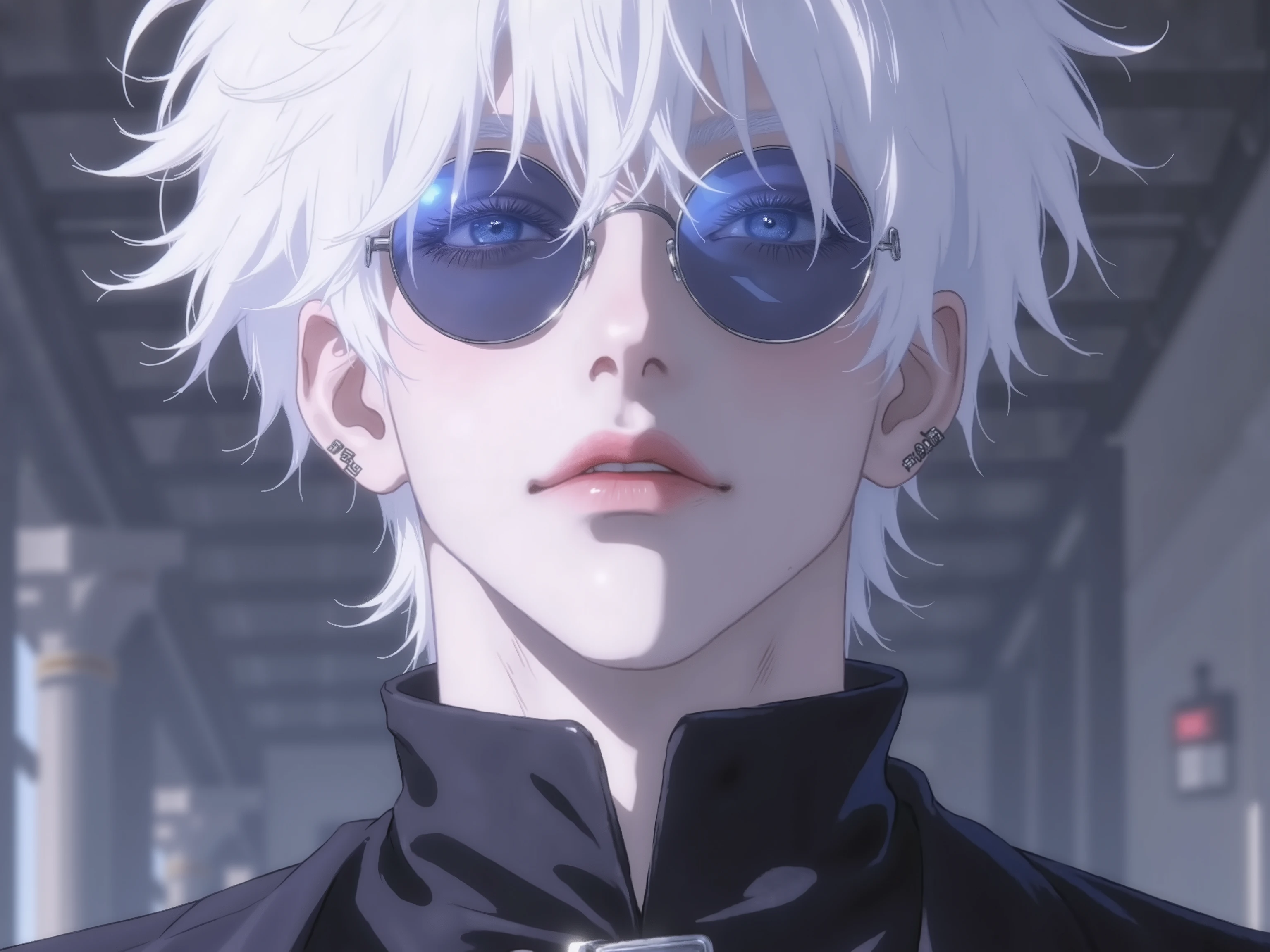 ((점수_9,점수_8_위로)), GOJO SATURO, Portrait of Gojo Satoru from "Jujutsu Kaisen", upper body only, facing forward with a calm and confident expression. White hair, blue sunglasses, wearing a high-collared black uniform. anime style, detailed lighting, soft shadows, Upper body output