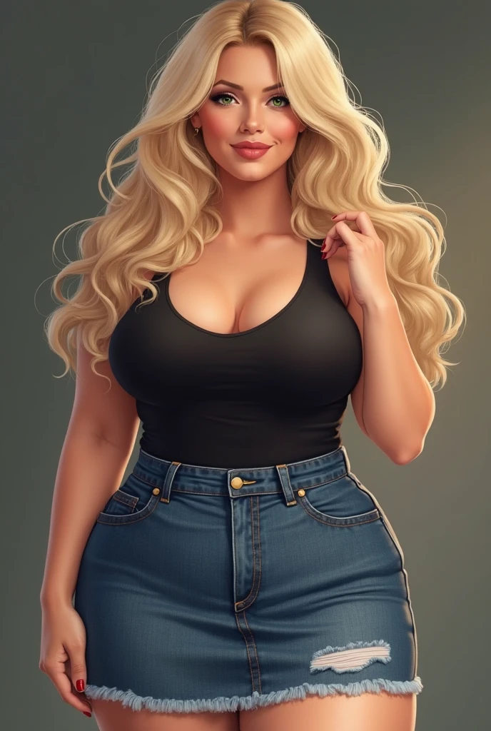 Femme, femme mature, blonde, cheveux longs et raides, yeux bleus, peau blanche, gros seins, seins énormes, gros cul, portant un haut court blanc, un jean
