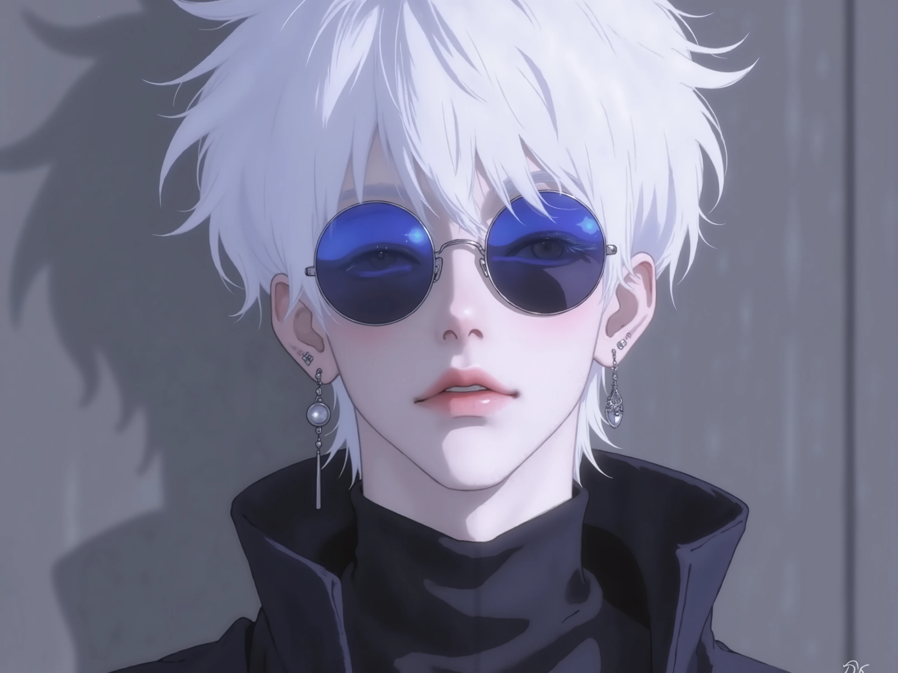 ((점수_9,점수_8_위로)), GOJO SATURO, Portrait of Gojo Satoru from "Jujutsu Kaisen", upper body only, facing forward with a calm and confident expression. White hair, blue sunglasses, wearing a high-collared black uniform. anime style, detailed lighting, soft shadows, Upper body output