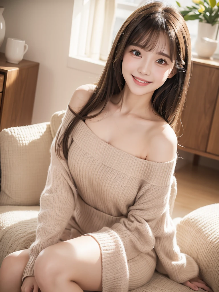Red knitted dress, sofa, livingroom, Smile, Brown hair, shoulder-length hair, White wall background, Very white skin
