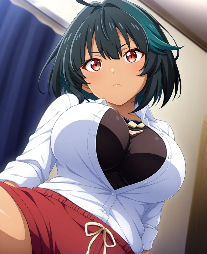 ((masutepiece, Best Quality, hight resolution, nffsw, Perfect Pixel, depth of fields, 4K, )), 1girl in, Solo, , Beautiful anime girl, Beautiful Art Style,
very low view angle:1.3, view from below:1.5, girl room background,
Perfect body, serious face face:1.5, shot from below:1.4, selfie, clothes lift, show nipples,
yukinoshita yukino, black hair, long hair, medium breasts,
Full face blush, red face,
straight on:1.3, medium shot