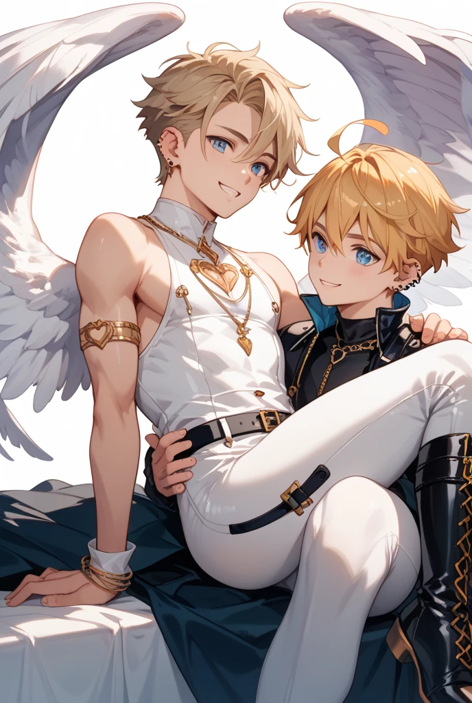 (2 boys, evil albino lathy androgynous male, Cockatrice King, bird brain, thin neck, frail shoulders, weak arms, flat chest, soft belly, curvy hips, thick avian thighs, male crotch, massive buttocks, depraved homosexual, rapist, kidnapper, cradle robber, queer, weak stomach, weak bladder, his presumable prey traps and castrates him)