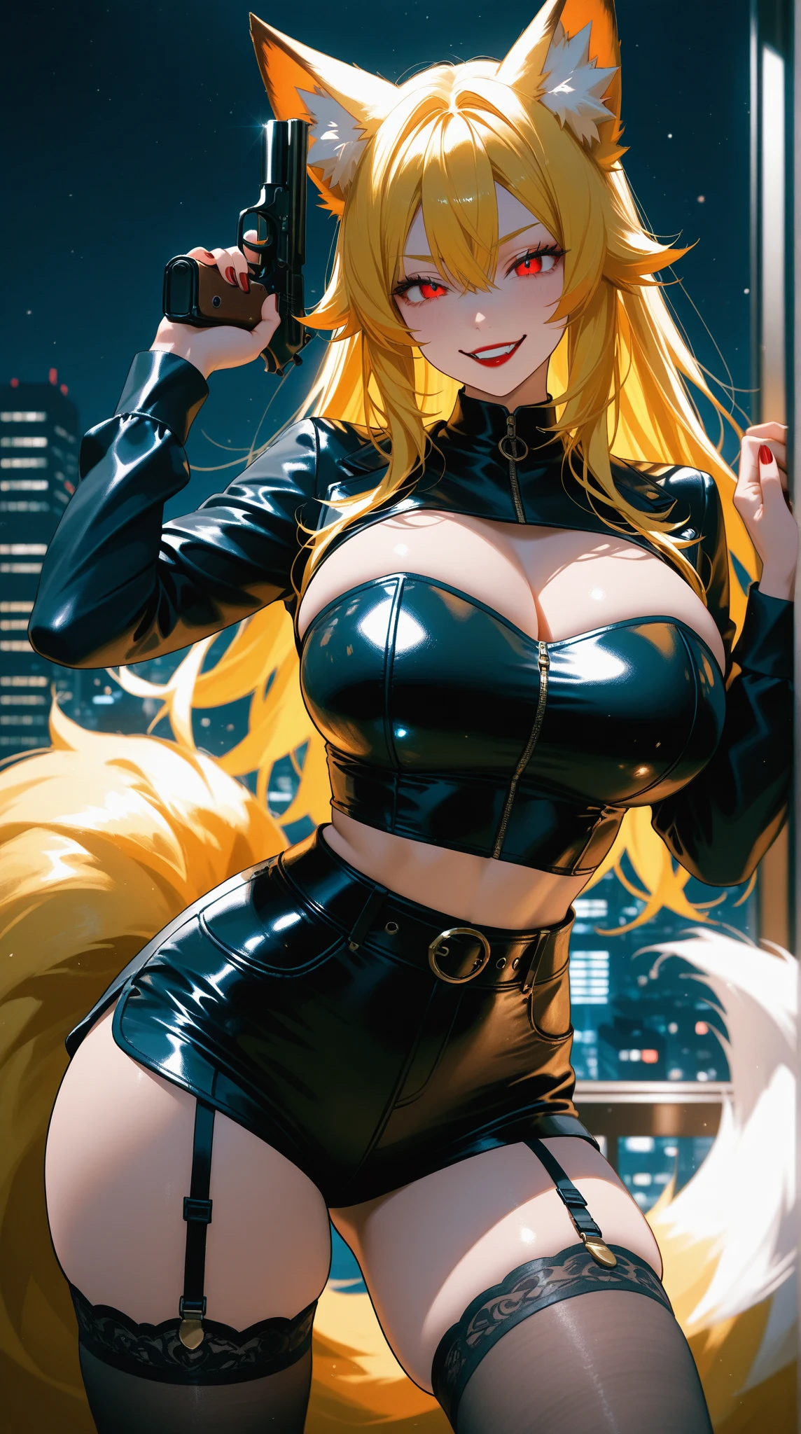 Girl with long blonde hair, hair down, red lips, blonde fox ears and tail, big breasts, wearing a black bunny suit, tights, bunny ears
